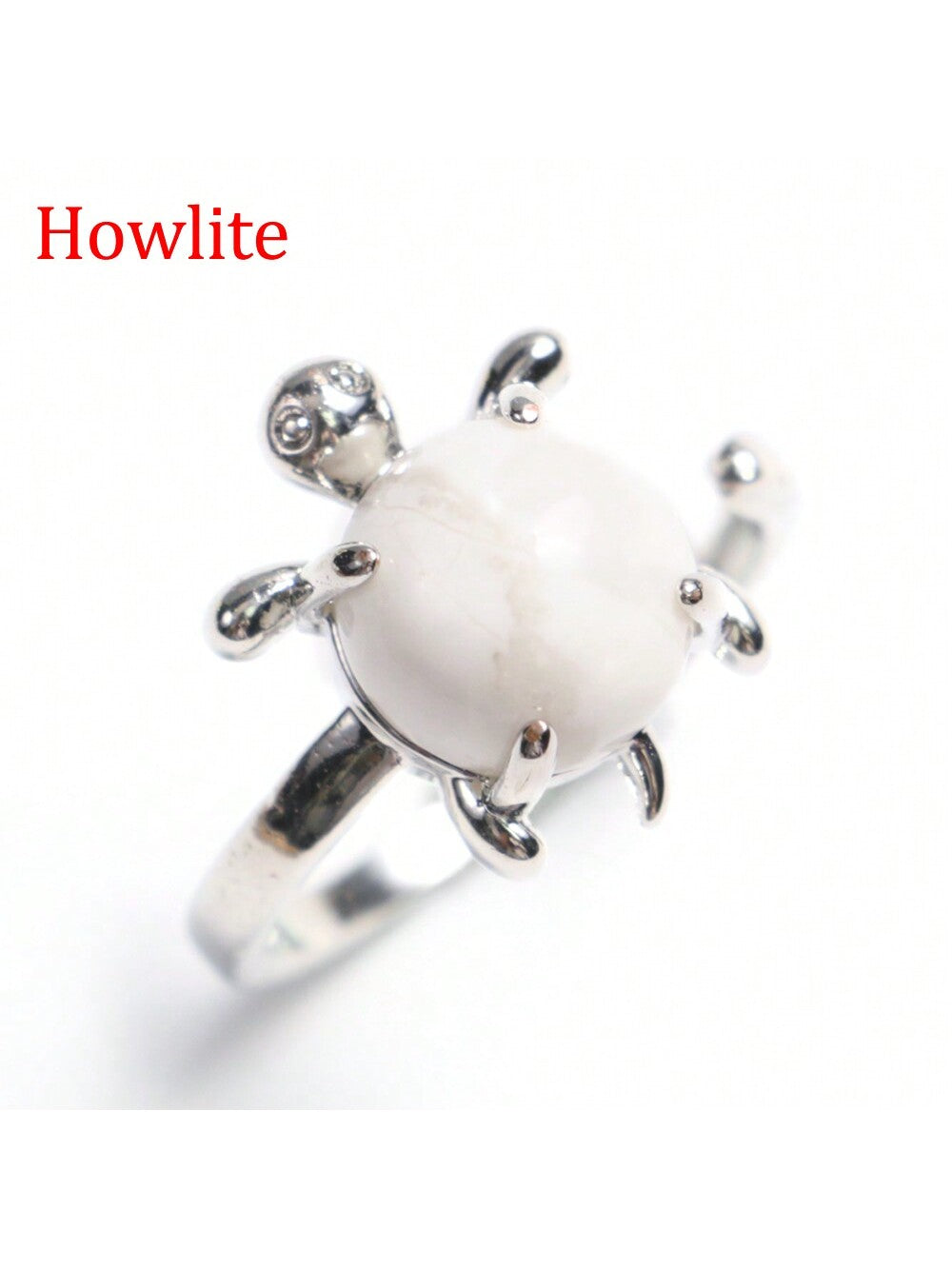 1 Natural Stone Turtle-Shaped Open Ring, White Crystal Florid Alabaster, Rhodolite Pink Crystal, Fashionable Women'S Adjustable Ring-White-1