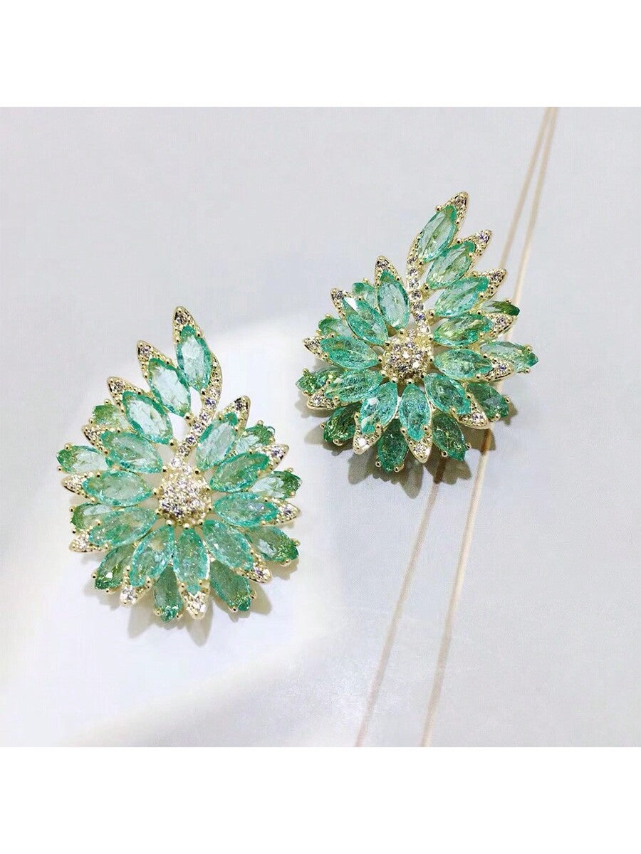 1 Pair Of Elegant And Exquisite Double-Layer Inlaid Flower Design Decorative Earrings, Suitable For Women's Wedding Parties And Banquets-Green-1