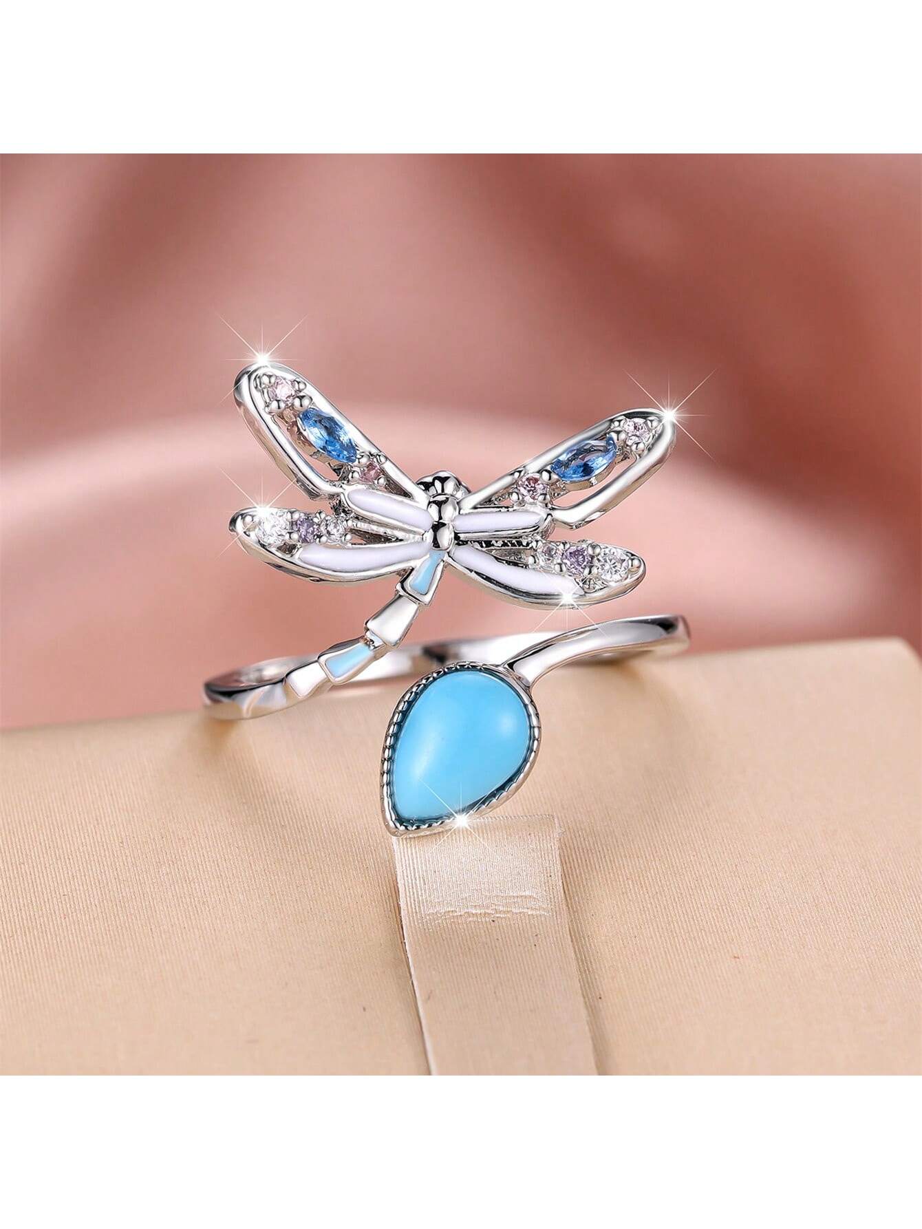 An Elegant And Exquisite Fashionable Colorful Dragonfly Imitation Turquoise Drop-Shaped Open Ring Animal Element Silver Metal Open Adjustable Ring Suitable For Women'S Daily Wear Wedding Ring Engagement Ring--1