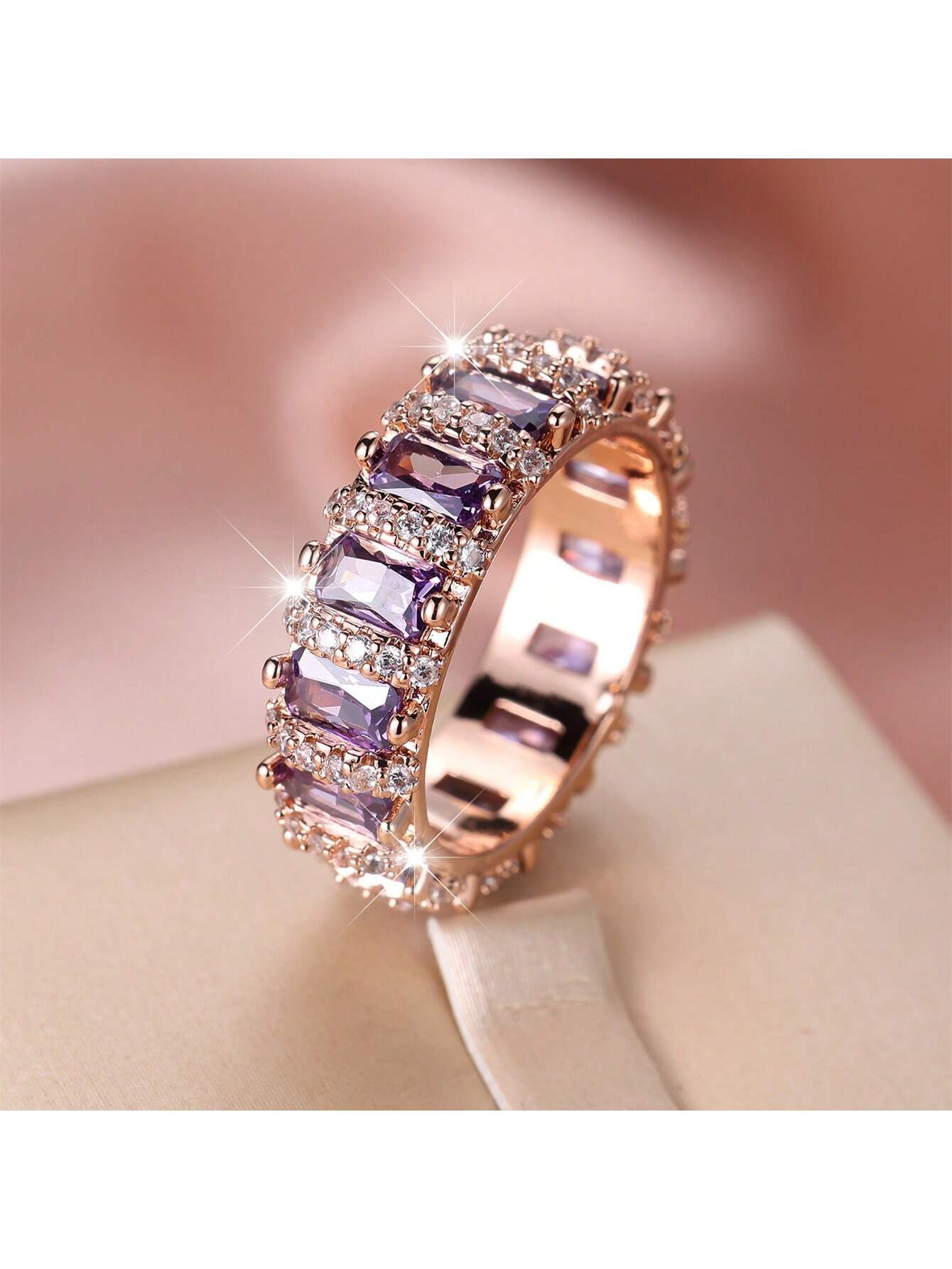 An Elegant And Luxurious Rose Gold Women Full-Circle Diamond Ring With Purple Artificial Ring Wedding Engagement Ring Ring Valentine's Day Gift--1