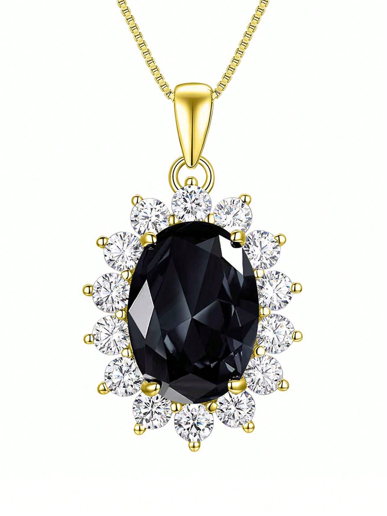 1 Piece Vintage Gorgeous Luxurious Solid 925 Sterling Silver Yellow Gold Plated Black Gemstone AAAAA Cubic Zirconia Princess Diana Kate Middleton Halo Oval Shaped Necklace For Women Gemstone Pendant For Her Jewelry Gifts For Her For Wedding Party--1