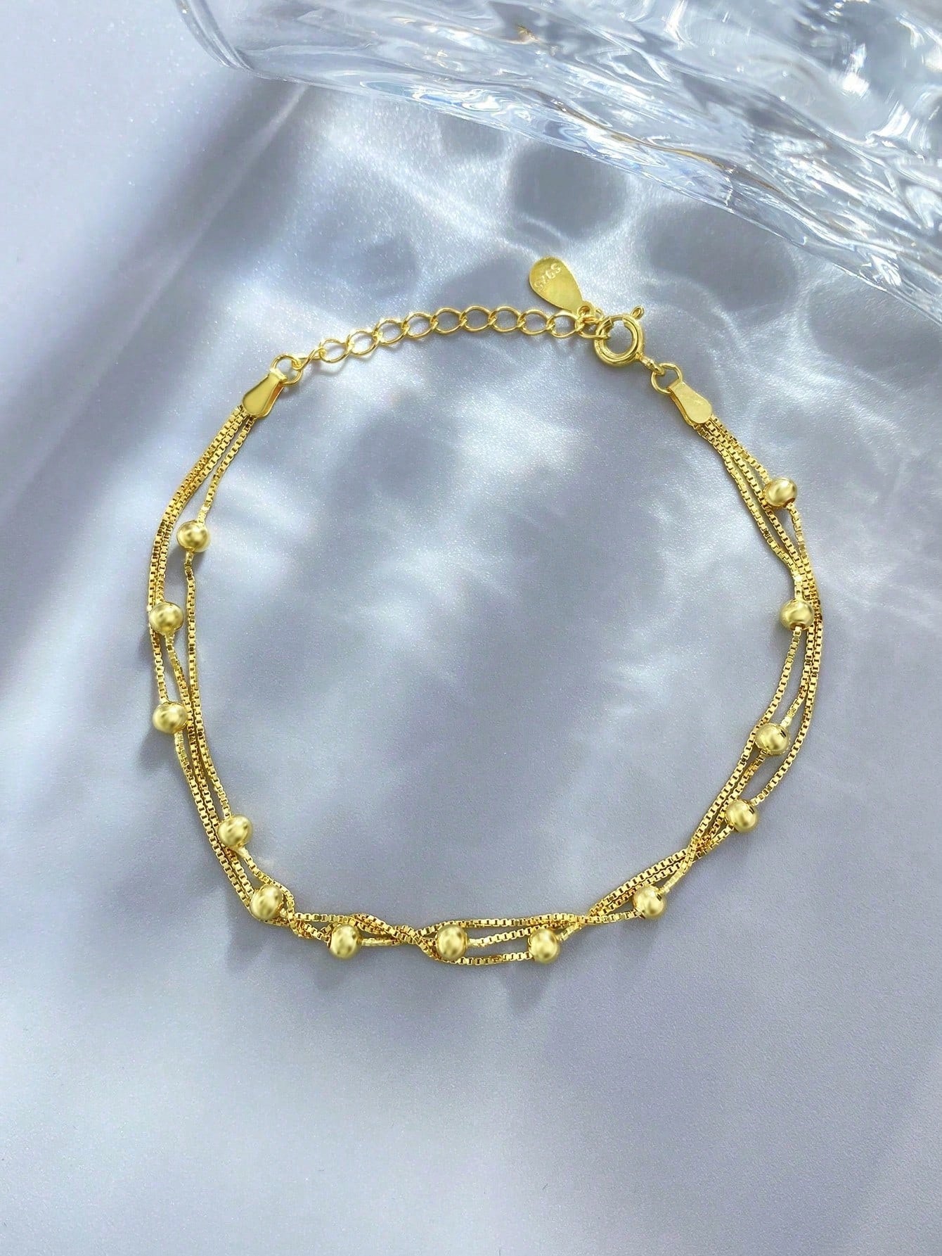 1Pc Simple S925 Sterling Silver Gold Multi-Layer Beads Chain Bracelet Fine Jewelry Gift For Women-Gold-1