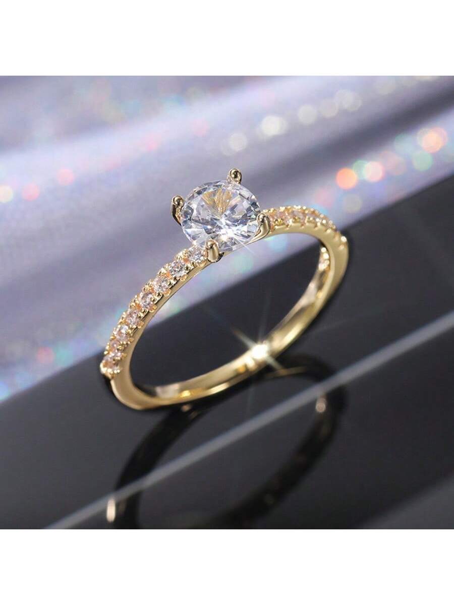 European And American Style Simple Inlaid Engagement/Wedding Ring, High Imitation Artificial Synthetic Diamond Ring-Gold-1