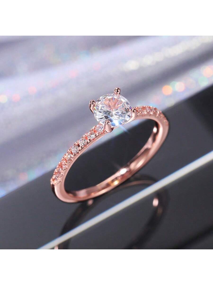 European And American Style Simple Engagement & Wedding Ring With Decoration, Artificial Diamond Ring-Rose Gold-1