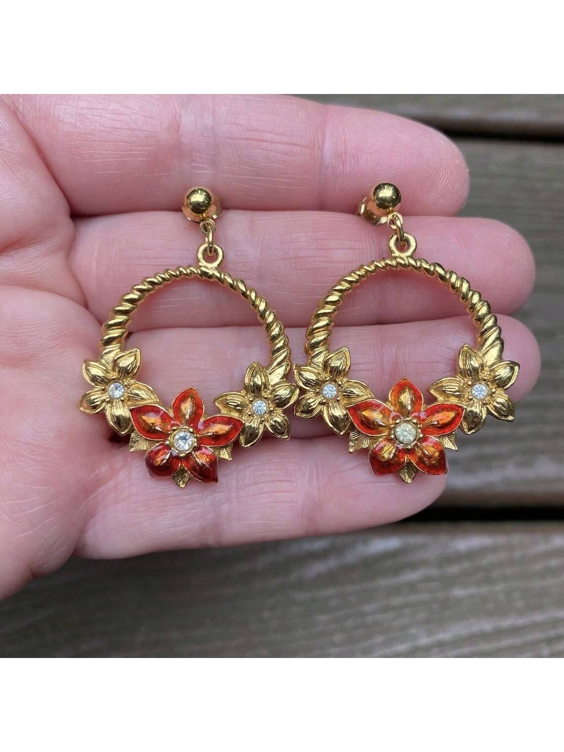 1pair Exquisite & Fashionable Flower Basket Shape Pendant Earrings, Ideal For Women'S Wedding & Party Jewelry Gift-Yellow Gold-1