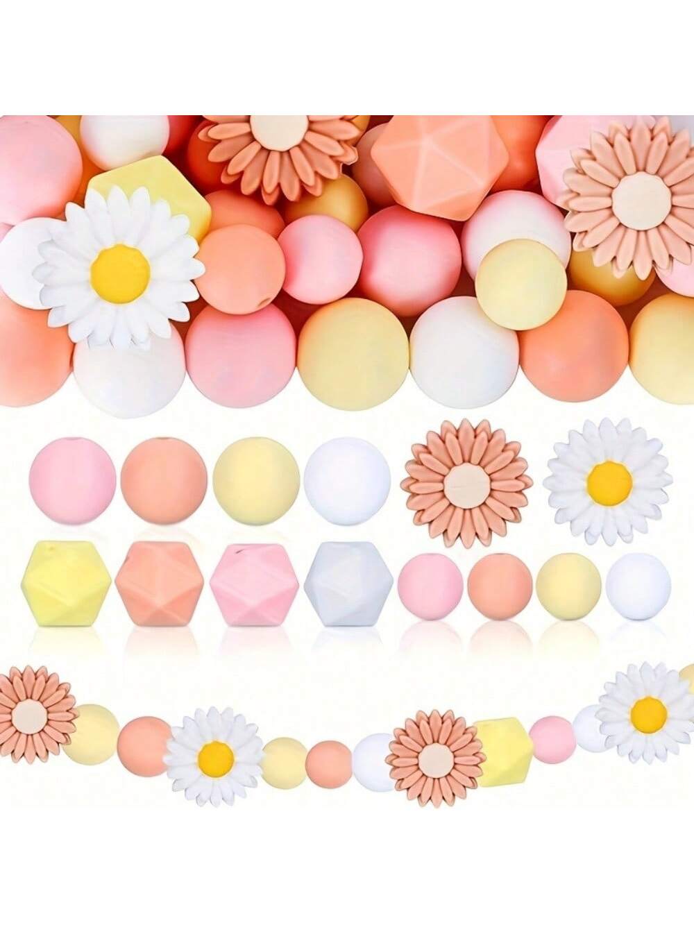 50pcs/Set Daisy Sunflower Focal Beads 12/15mm Round Silicone Beads 14mm Mini Hexagon Silicone Rubber Decorative Beads For DIY Beading Key Chain Bracelet Necklace Beaded Pen Jewelry Craft Accessories-Multicolor-1