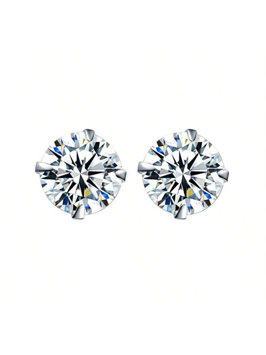 1pair Unisex 925 Silver Four-Claw Cz Stud Earrings, Simple And Versatile--1