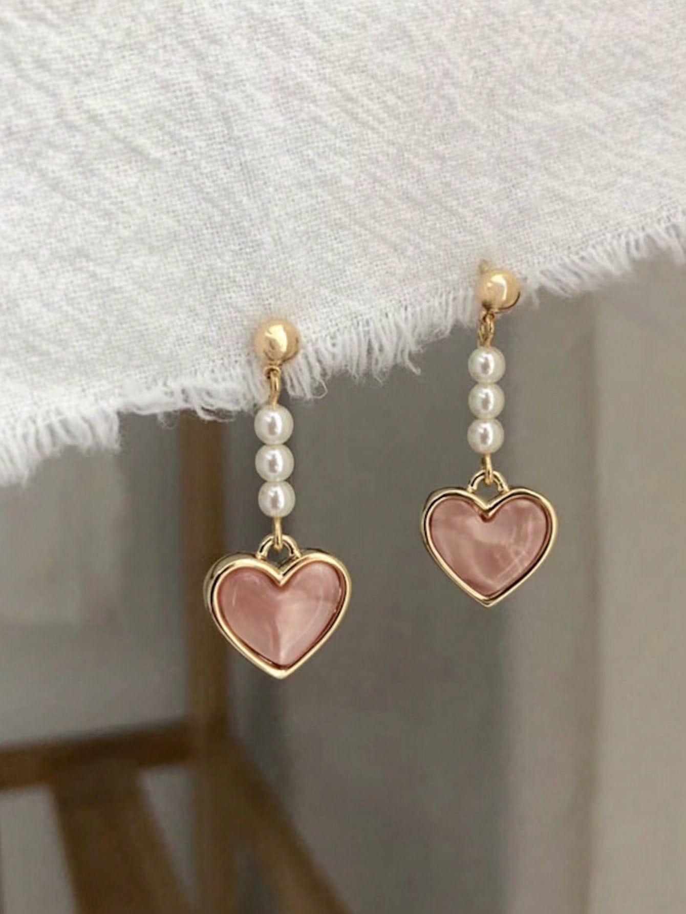 Drop Heart Korean Style Earrings, Pearl Earrings, Minimalist Earrings, Delicate Earrings, Pink Heart Earrings, Gift For Her, Engagement--1