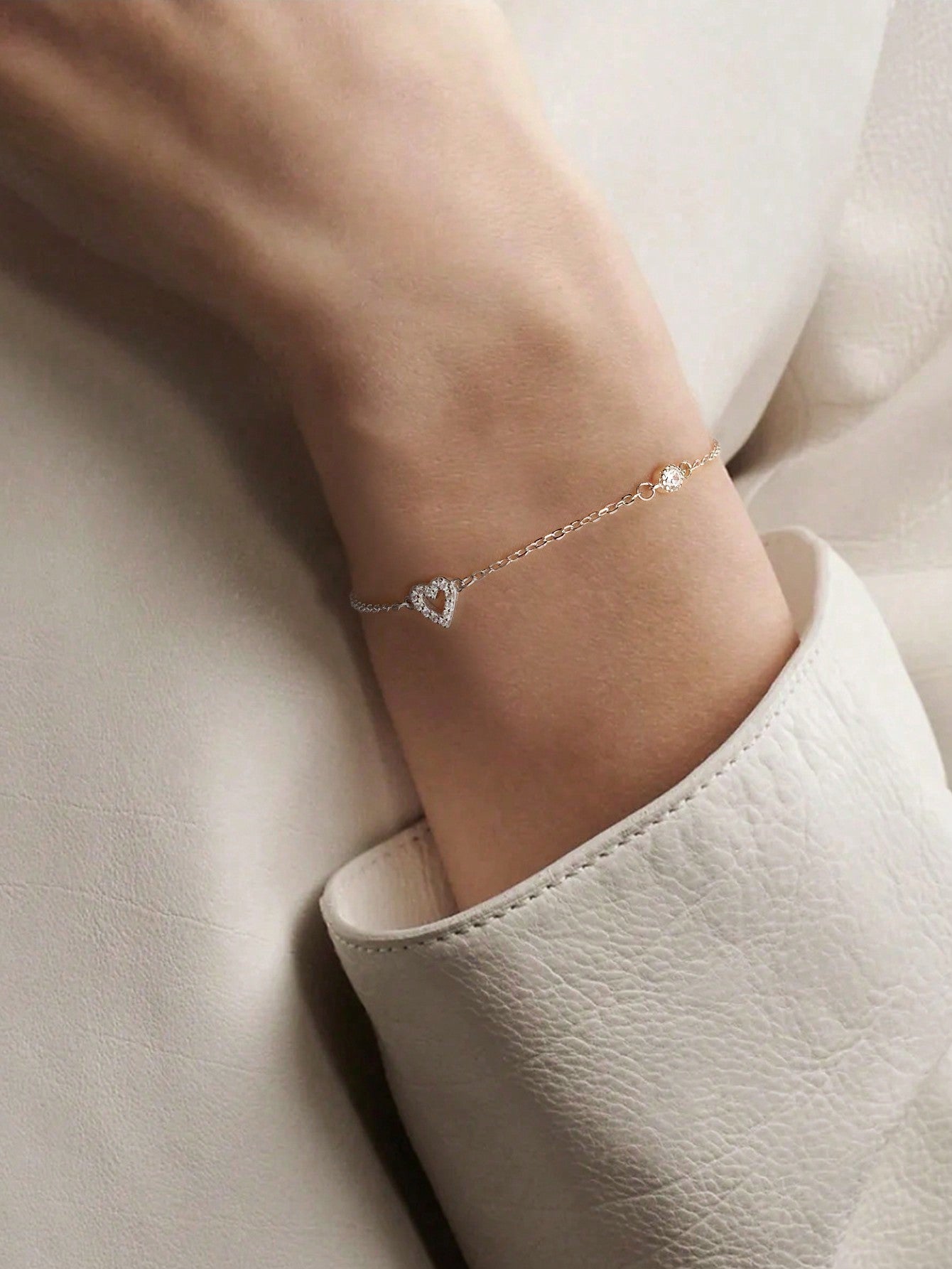 1pc Romantic Love Heart Bracelet S925 Sterling Silver Zirconia Glamorous Fine Jewelry Gift For Women-Silver-1