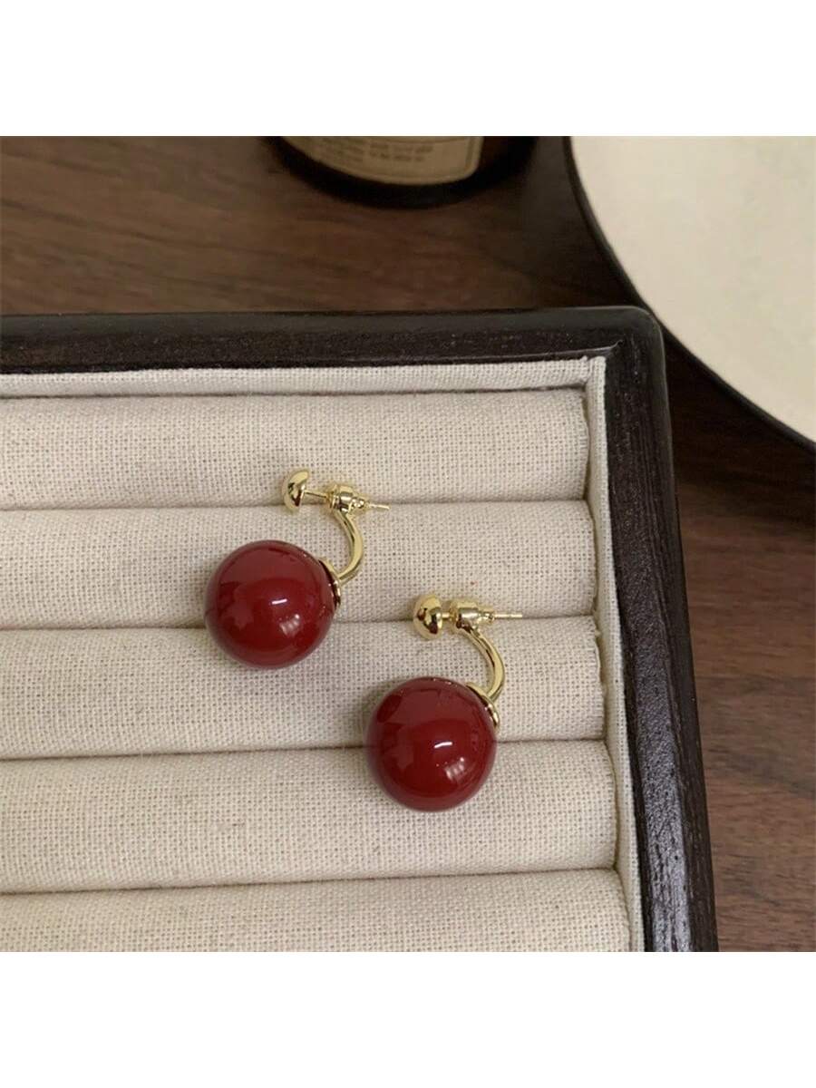 French Style Vintage & Simple Design Red Pearl Earrings, Lightweight & Luxurious, Front & Back Stud Earrings For Women-Red-1