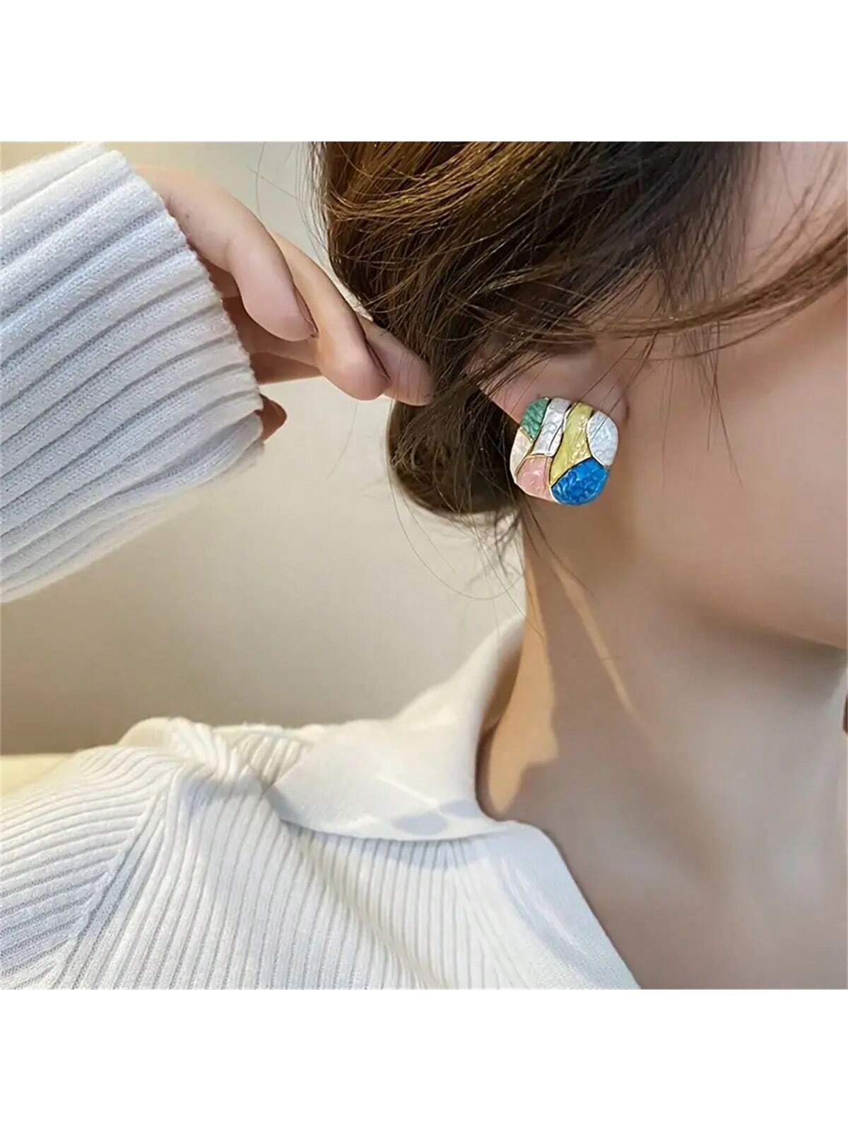 Square Shaped Color Stud Earrings Elegant Vocation Style Alloy Jewelry For Women Girls Summer Ear Ornaments-Multicolor-1