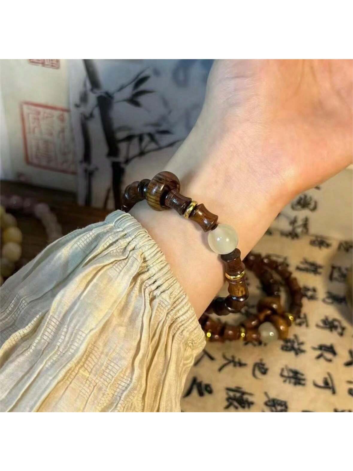 1pc Night Pearl Beads & Bamboo Section Sandalwood Running Ring Bracelet Suitable For Men And Women Daily Wear-Khaki-1