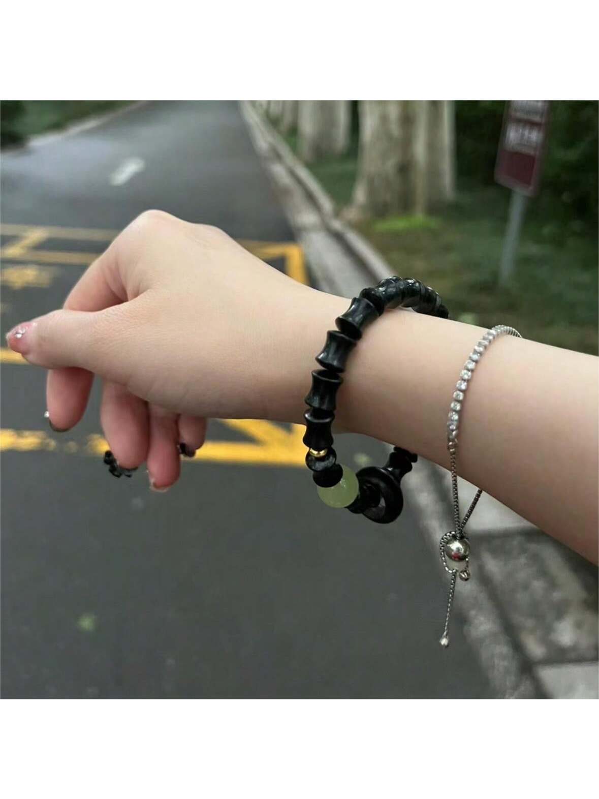 1pc Luminous Pearl & Bamboo Sectional Sandalwood Running Ring Bracelet Suitable For Men And Women Daily Wear-Black-1