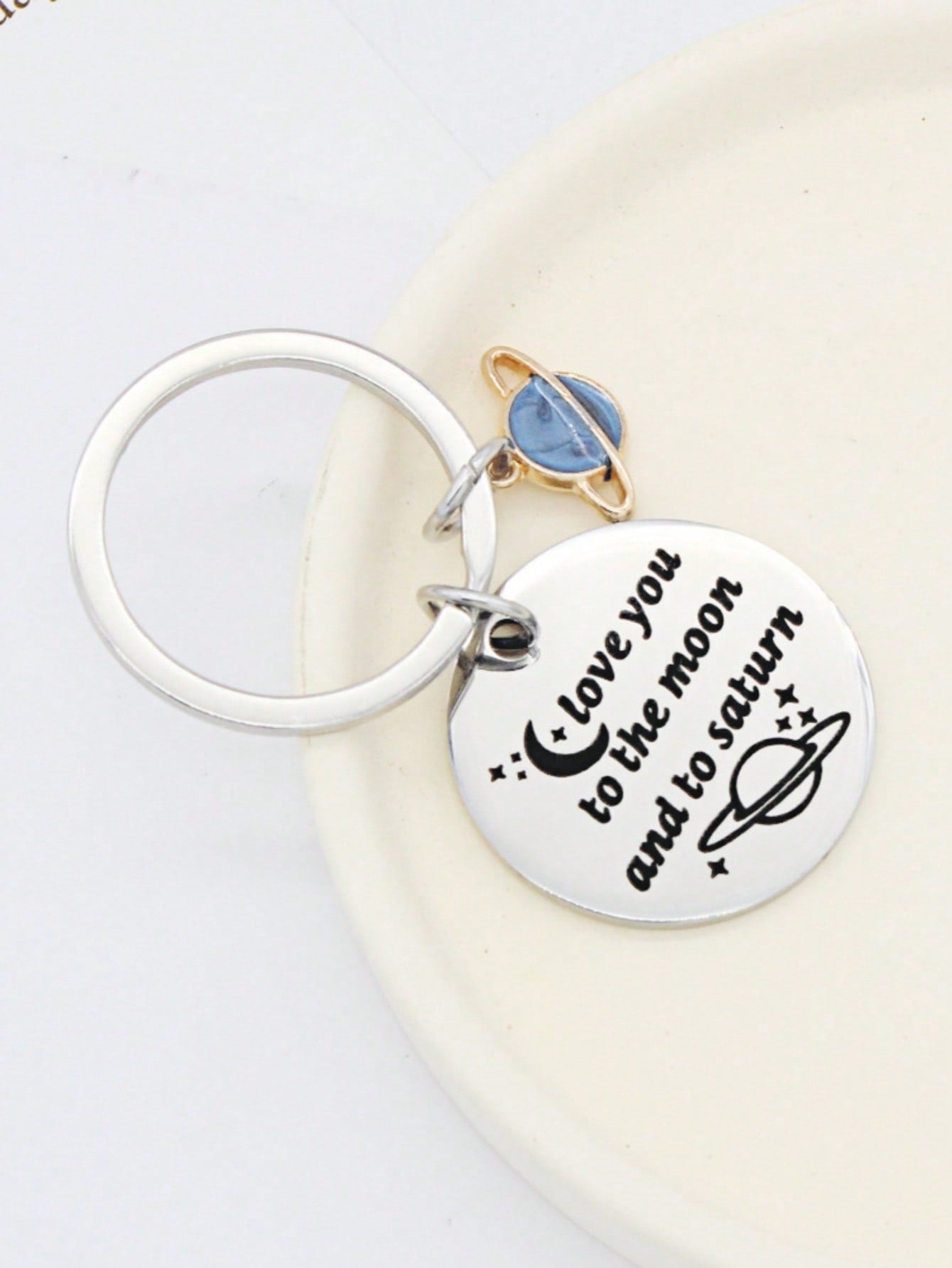 "Love You To The Moon And Saturn "Keychain Stainless Steel Key Chain Ring Bag Backpack Charm Best Friends Couples Music Fans Gift-Silver-1