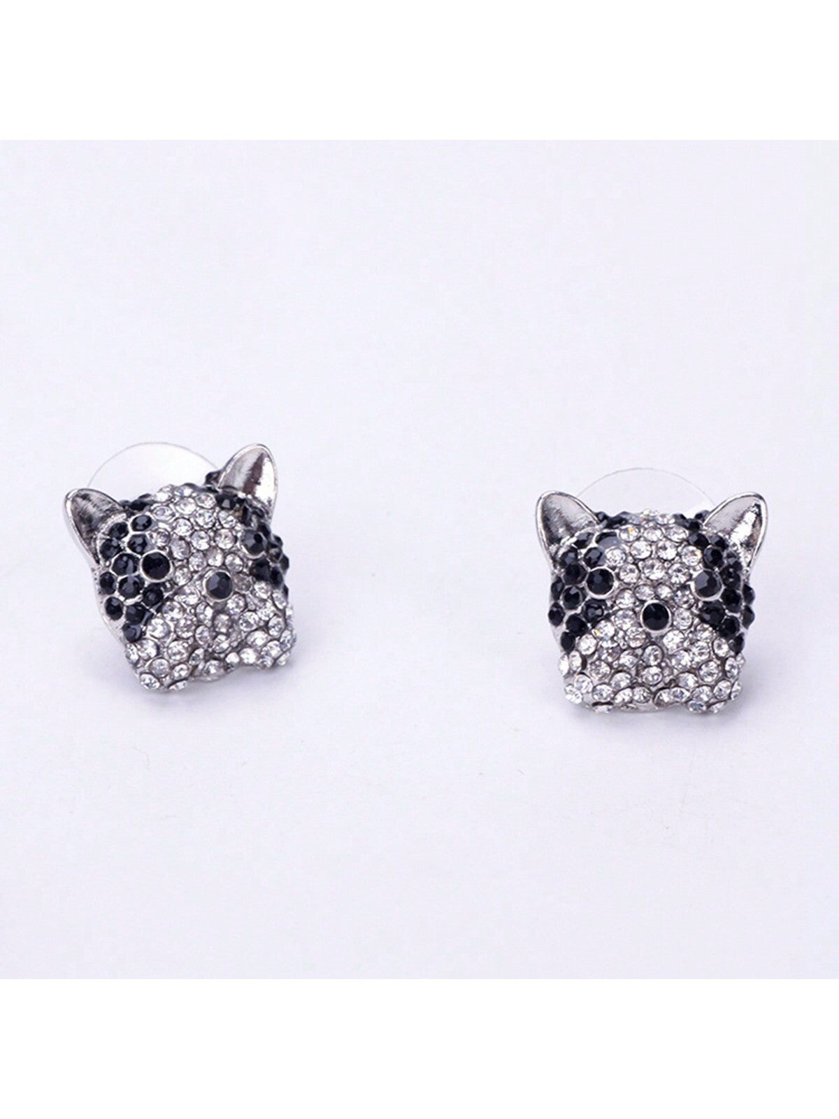 1pair Shiny Rhinestone Decor Cute Dalmatian Stud Earrings-Silver-1