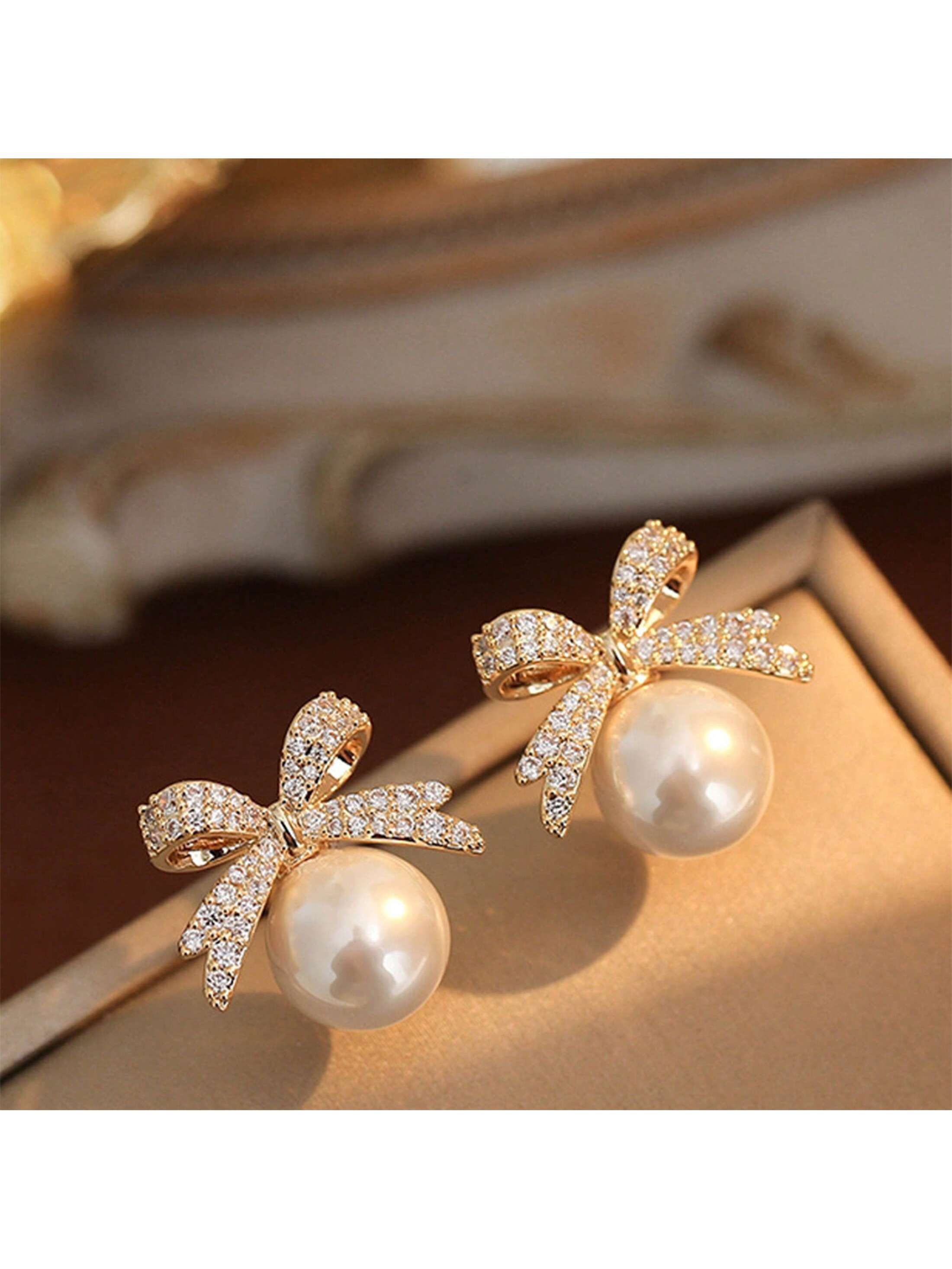 4Pcs Elegant Bow Dangle Earrings With Shiny Rhinestones And Faux Pearls - Sexy, Delicate Style - Perfect Female Gift[2Pcs/Set]-White-1