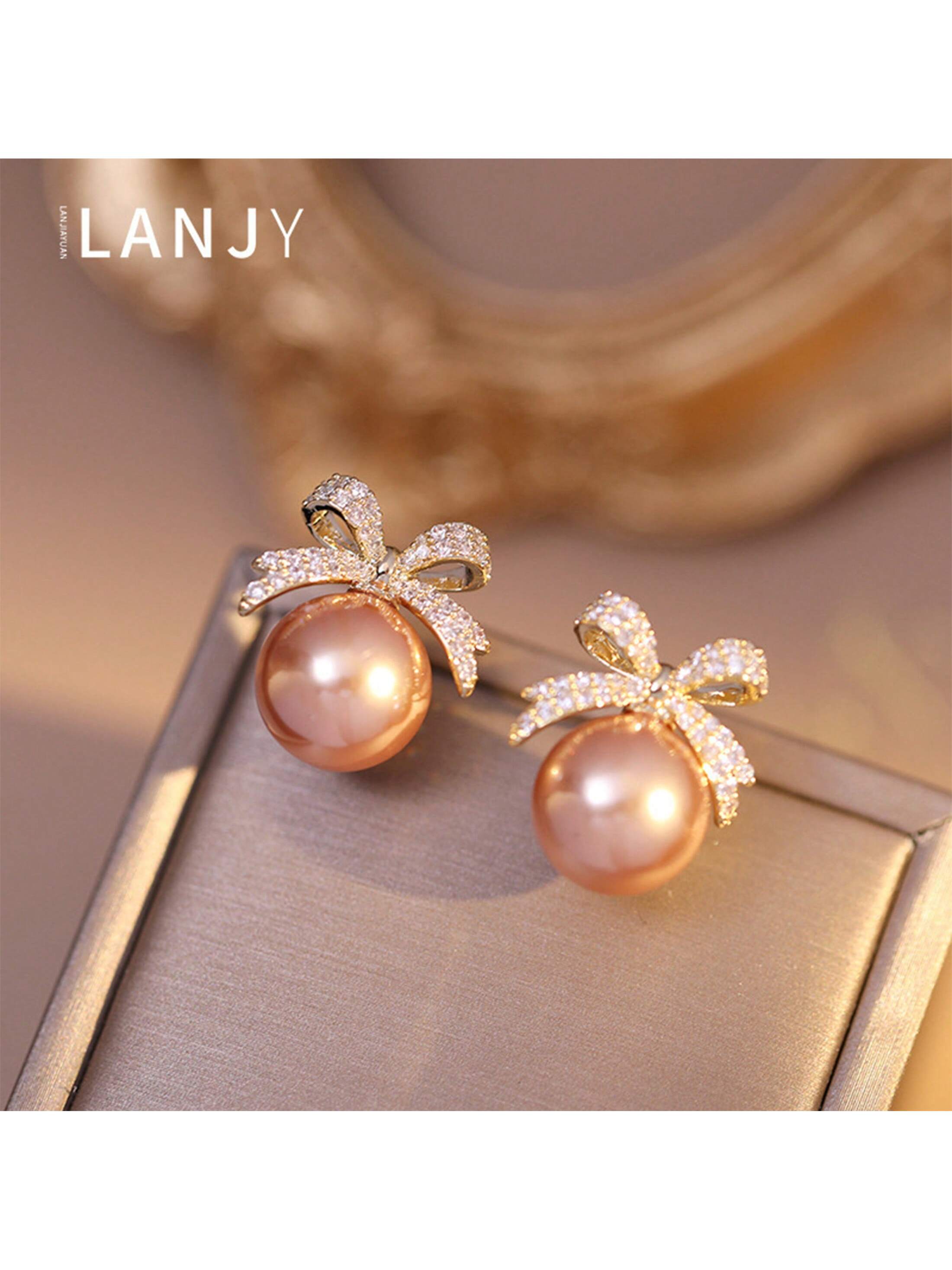 4Pcs Elegant Bow Dangle Earrings With Shiny Rhinestones And Faux Pearls - Sexy, Delicate Style - Perfect Female Gift[2Pcs/Set]-Pink-1