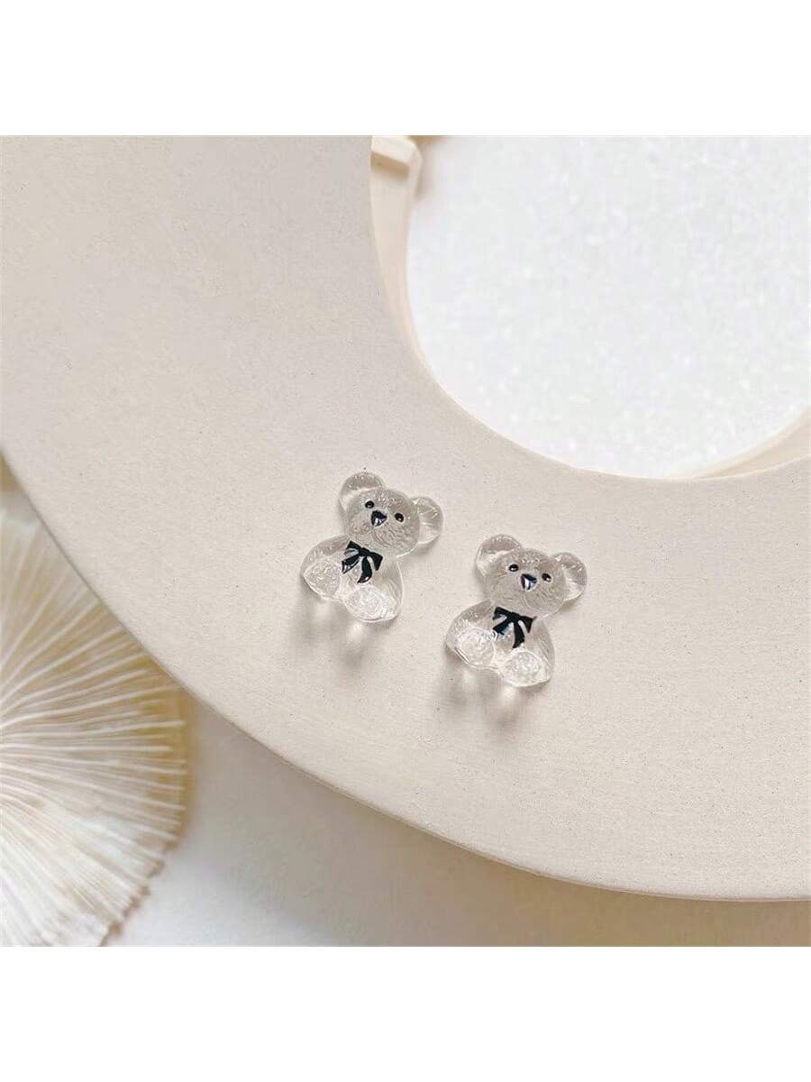 2pcs Lovely & Minimalist & Personalized Transparent Bowknot Bear Stud Earrings For Women'S Daily Wear-Clear-1