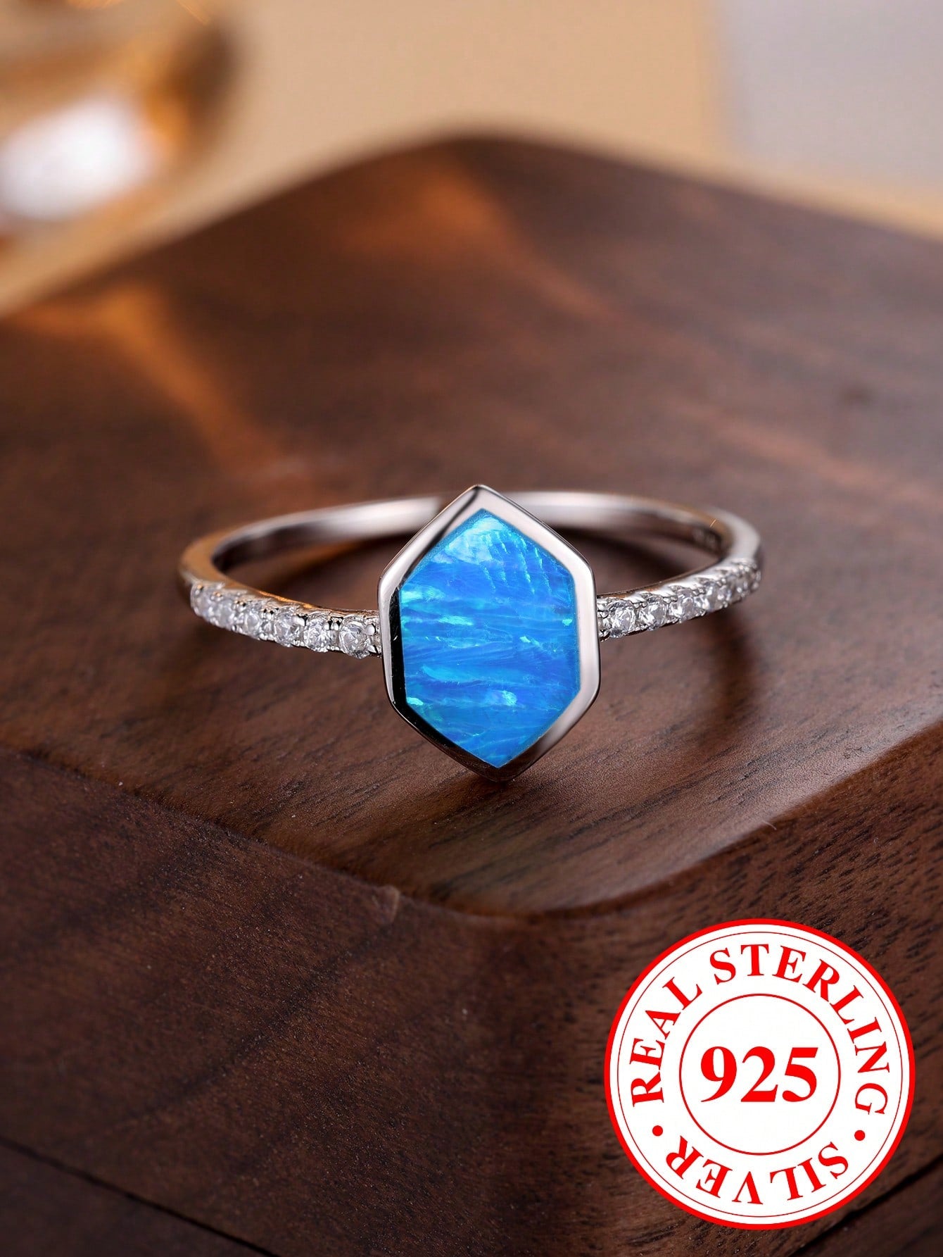 1pc Unique Pure Silver Hexagonal Blue Australian Opal Ring, Engagement/Wedding/Anniversary Gift For Women-Silver-1