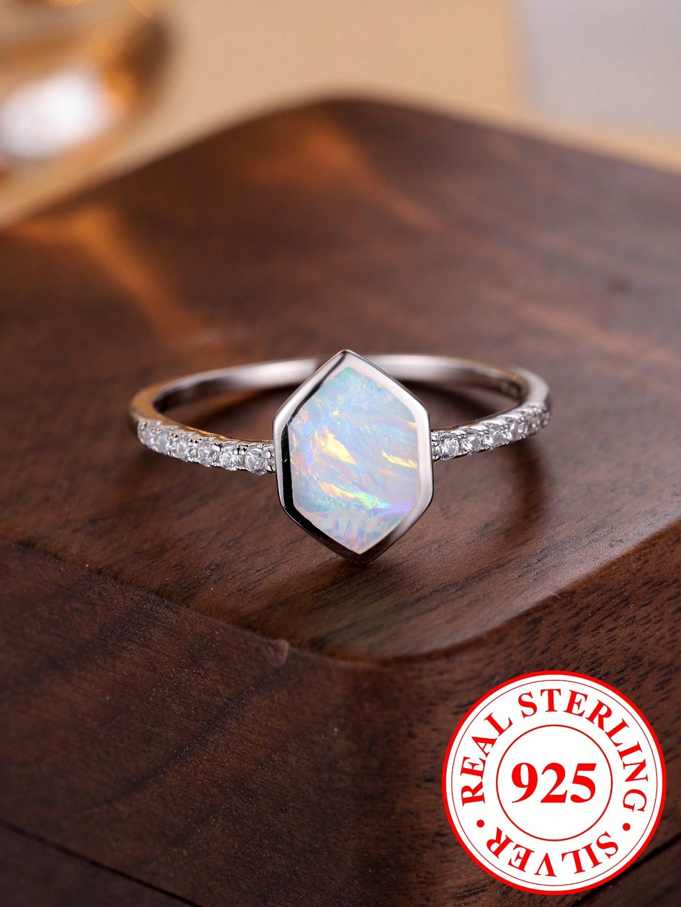 1pc Unique Pure Silver Hexagonal White Opal Ring, Perfect For Women's Engagement Or Wedding Anniversary Gift-White-1