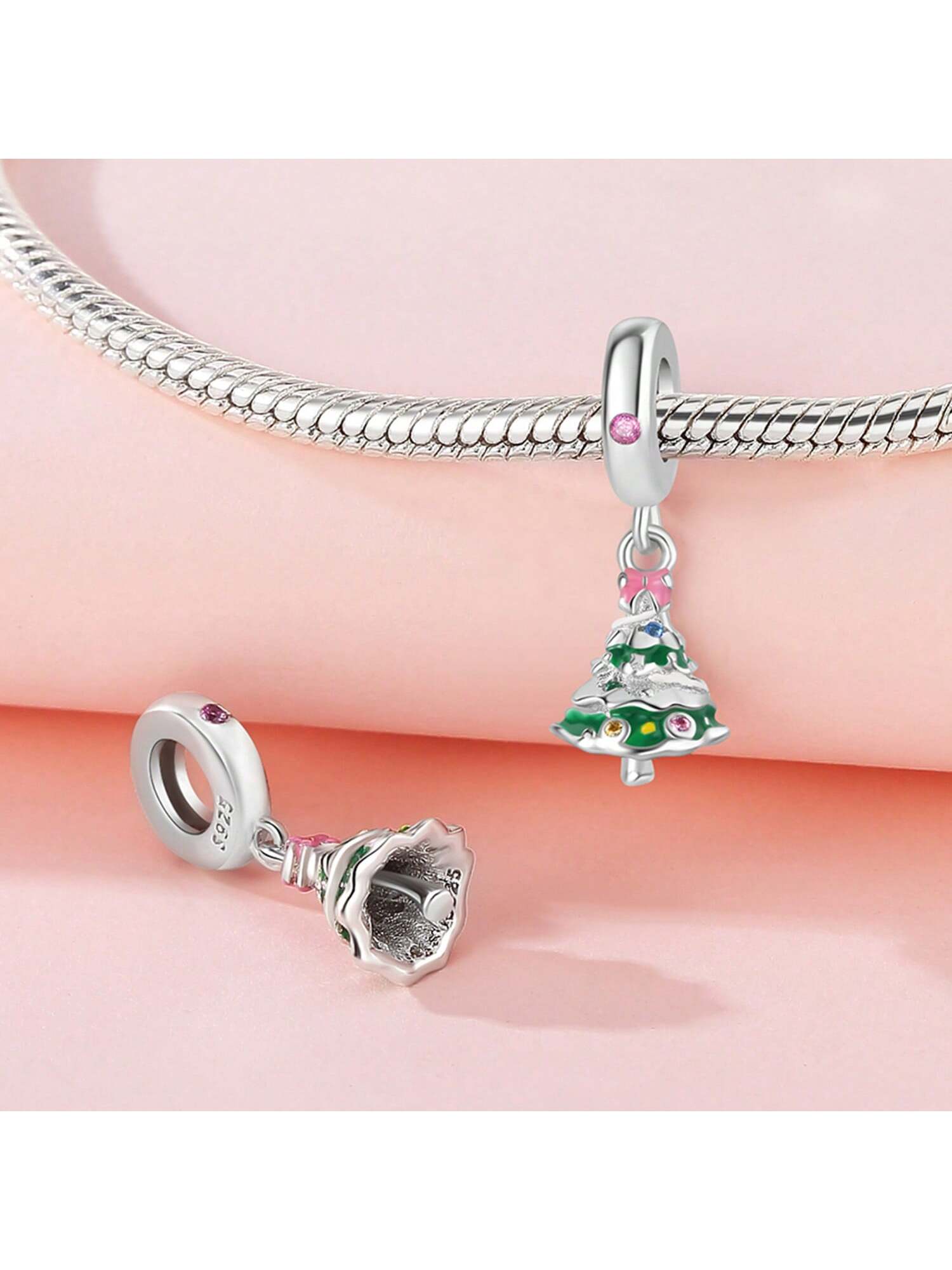 1pc 925 Sterling Silver Allergy-Free Christmas Tree Shaped Bead With Blessing Words. Ideal For Diy Bracelet & Necklace As A Christmas Limited Edition Charm Or New Year Gift-Apricot-1