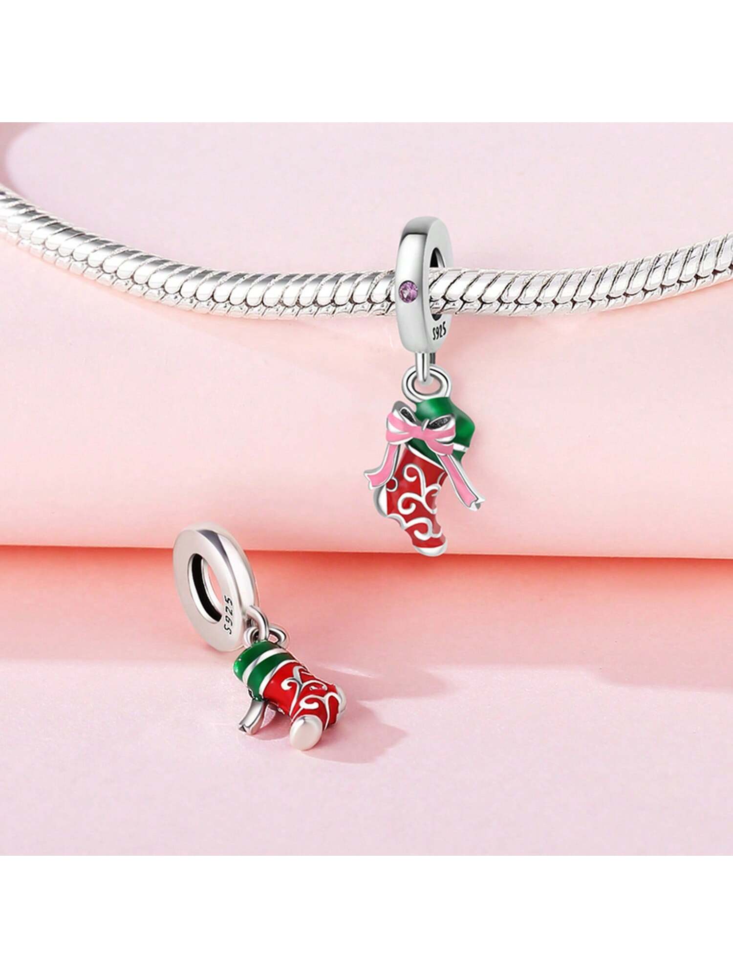 1pc 925 Sterling Silver Hypoallergenic Christmas Themed Charm Bead With Deer, Snowflake, Wreath & Fir Design, Ideal For Diy Bracelet & Necklace, New Year Gift-Army Green-1