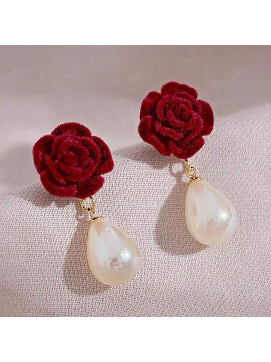 20pcs 13mm Flocking Rose Flower Diy Jewelry Making Accessories For Valentine'S Day Gifts, Phone Case, Earrings, Hair Clips, Beaded Jewelry-Burgundy-1