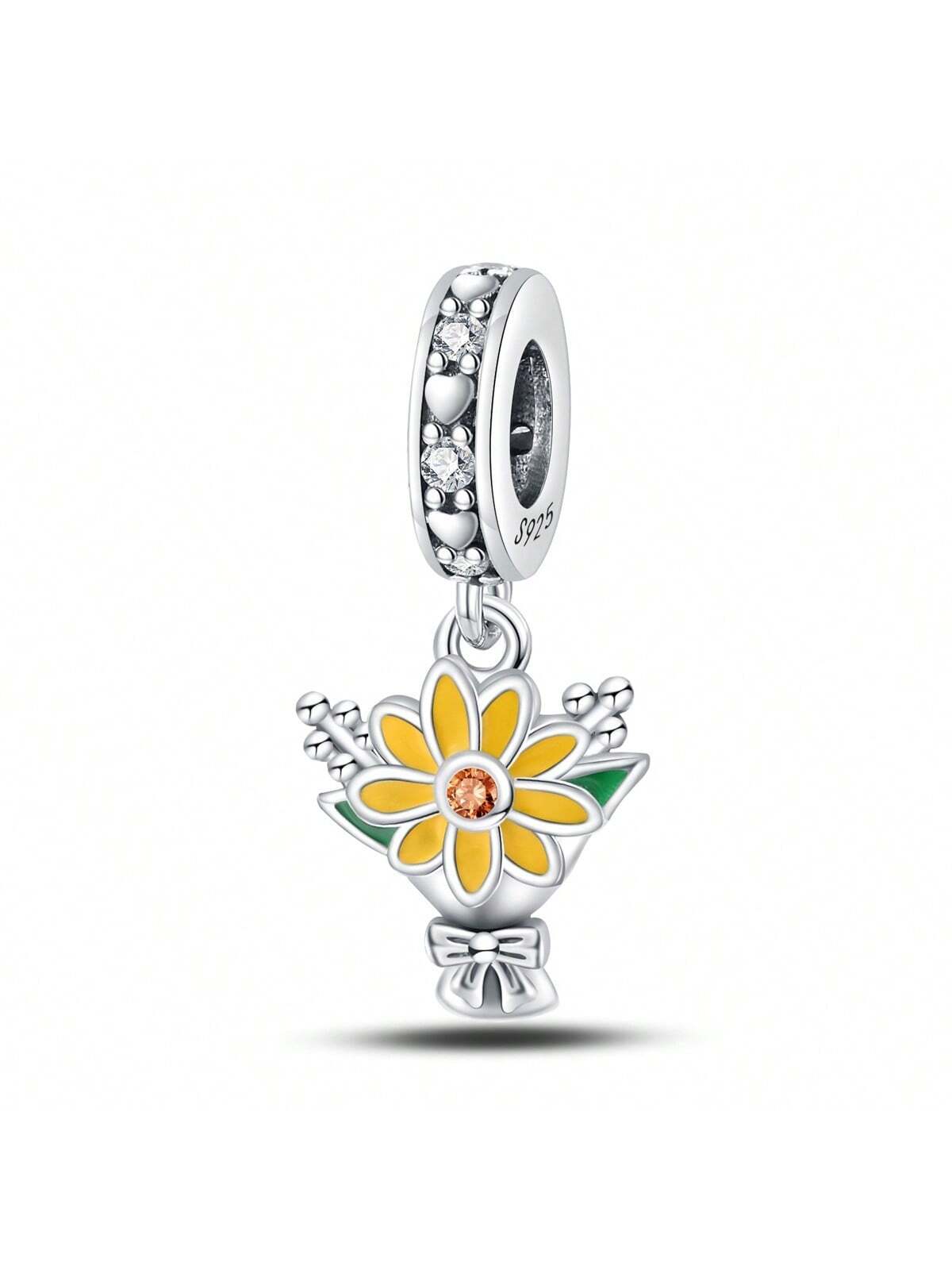 1pc Gold Plated Silver Sunflower Pendant - Luxurious Necklace For Women With Flower Detail, Beaded Chain-Apricot-1