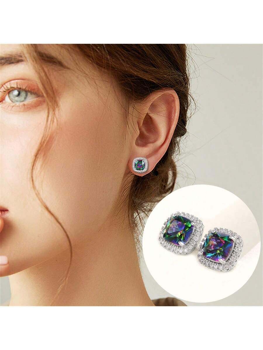 Women's Multicolor Stud Earrings, Tri-Color Earrings, European And American Style Four-Claw Earrings Women's Jewelry Accessories-Silver-1