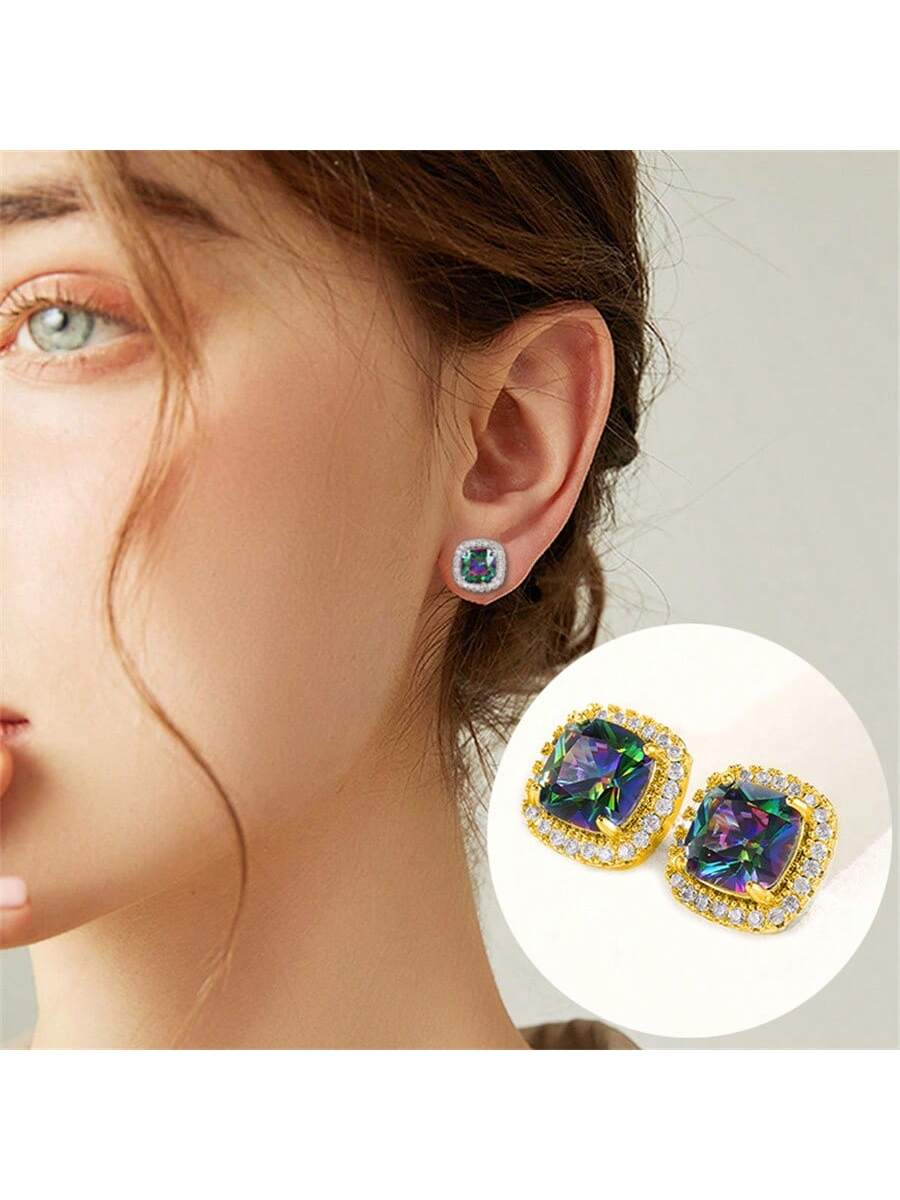 Women's Multicolor Three Tone Four Claw Ear Studs, Fashionable European And American Style Jewelry-Gold-1