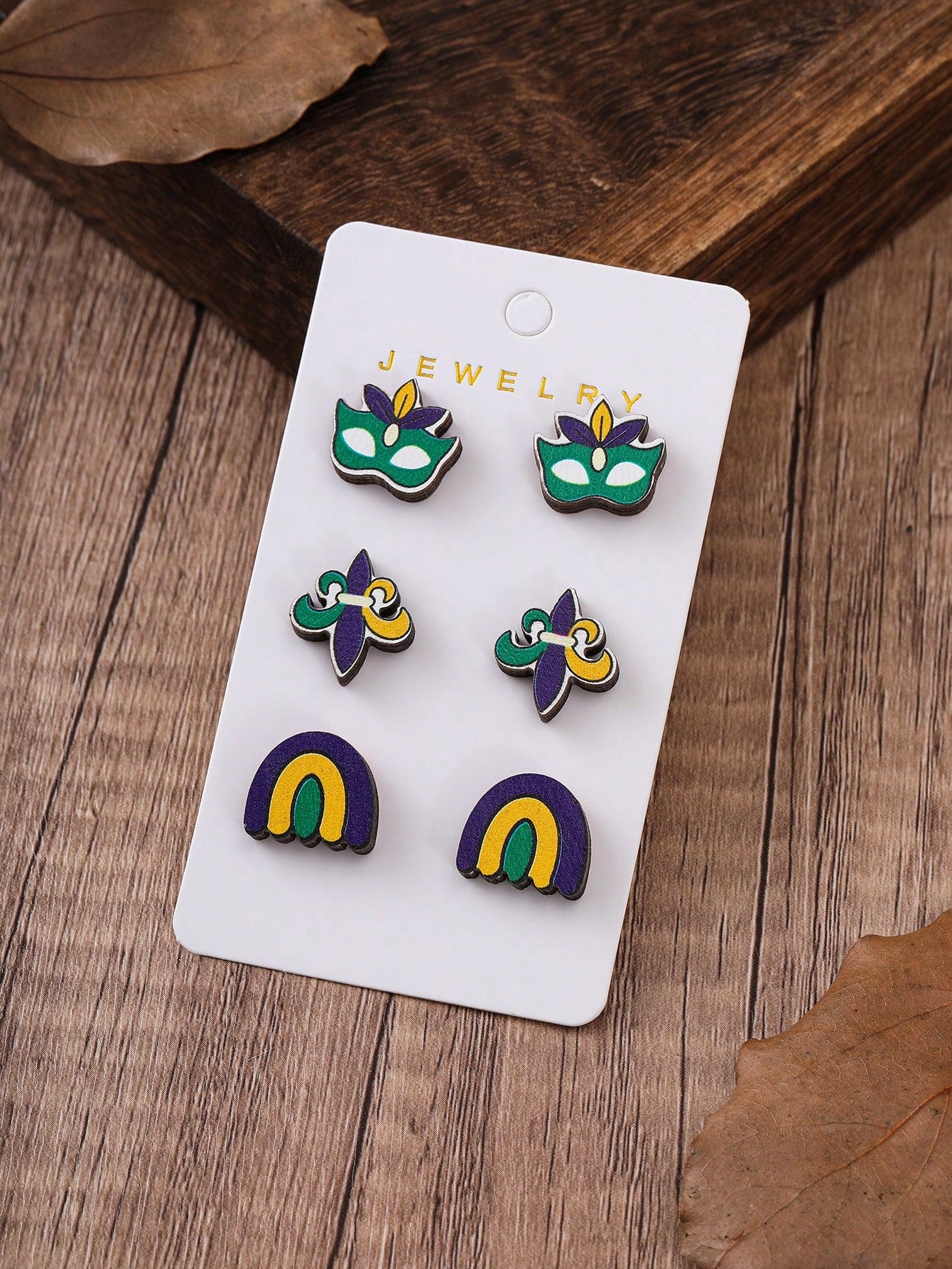 3pairs/Set Minimalist Wooden Stud Earrings, Ideal For Women On St. Patrick'S Day-Green-1