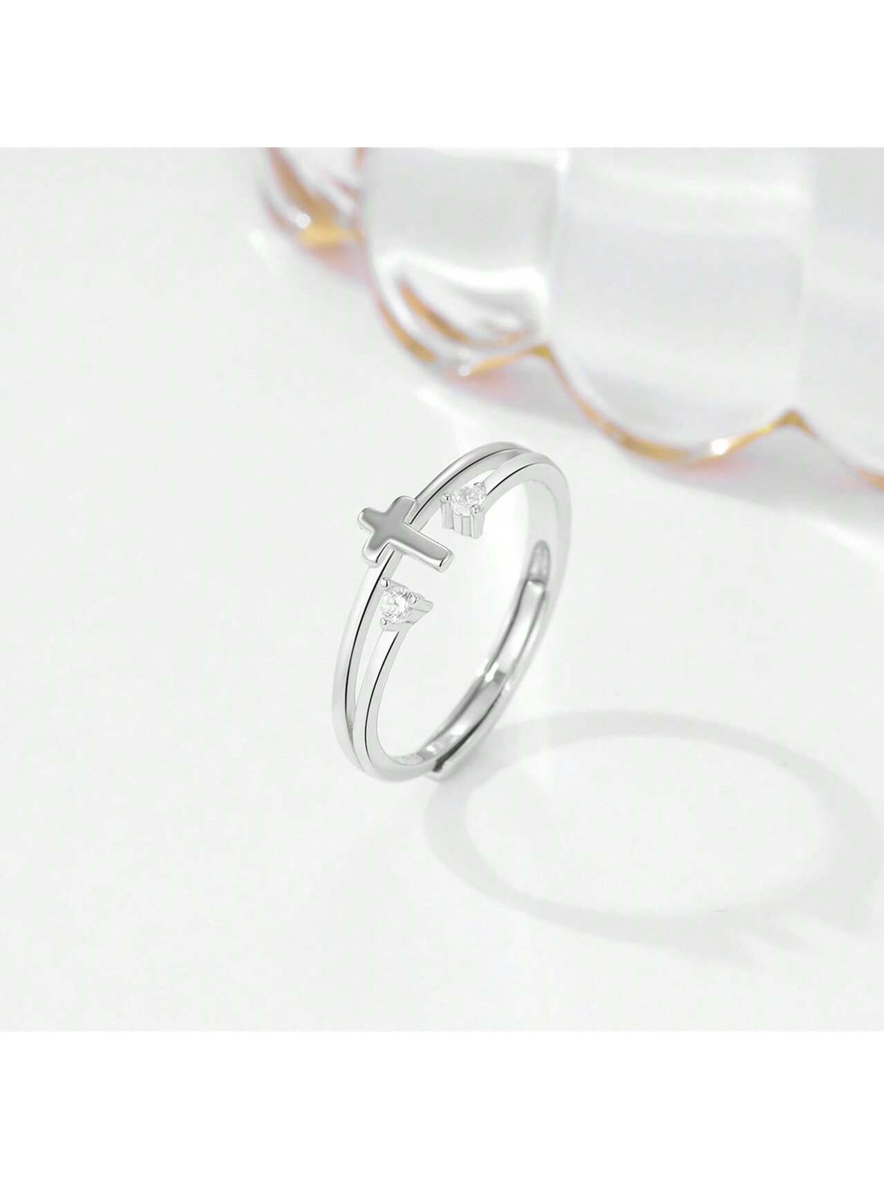 1pc S925 Sterling Silver Ring For Women With Cross & Diamond Detail. Adjustable Size, Ideal For Wedding, Party And Daily Wear In Korean, European, And American Style--1