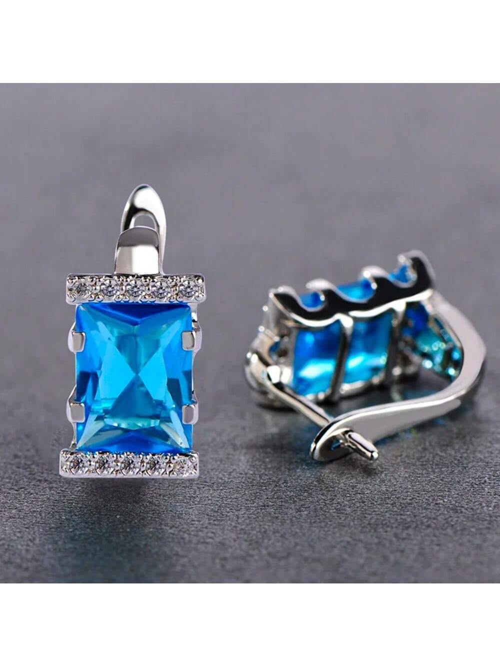 1pair Blue Rhinestone Copper Earrings For Women, Cubic Zirconia Square Stud Earrings For Wedding, Party-Blue-1