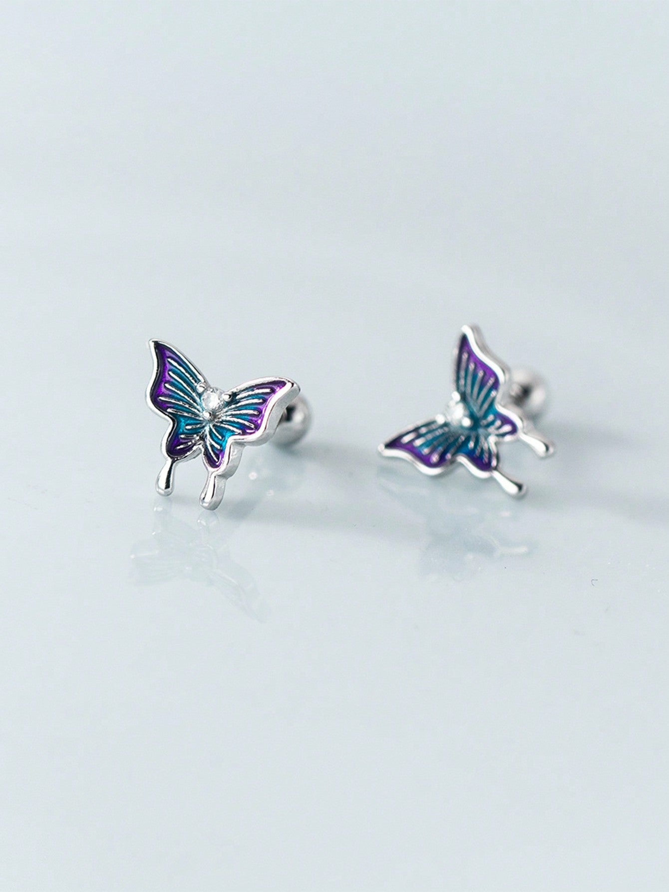 1pair Stylish 925 Silver Colorful Butterfly Shaped Earrings, Delicate Design, Trendy And Versatile--1