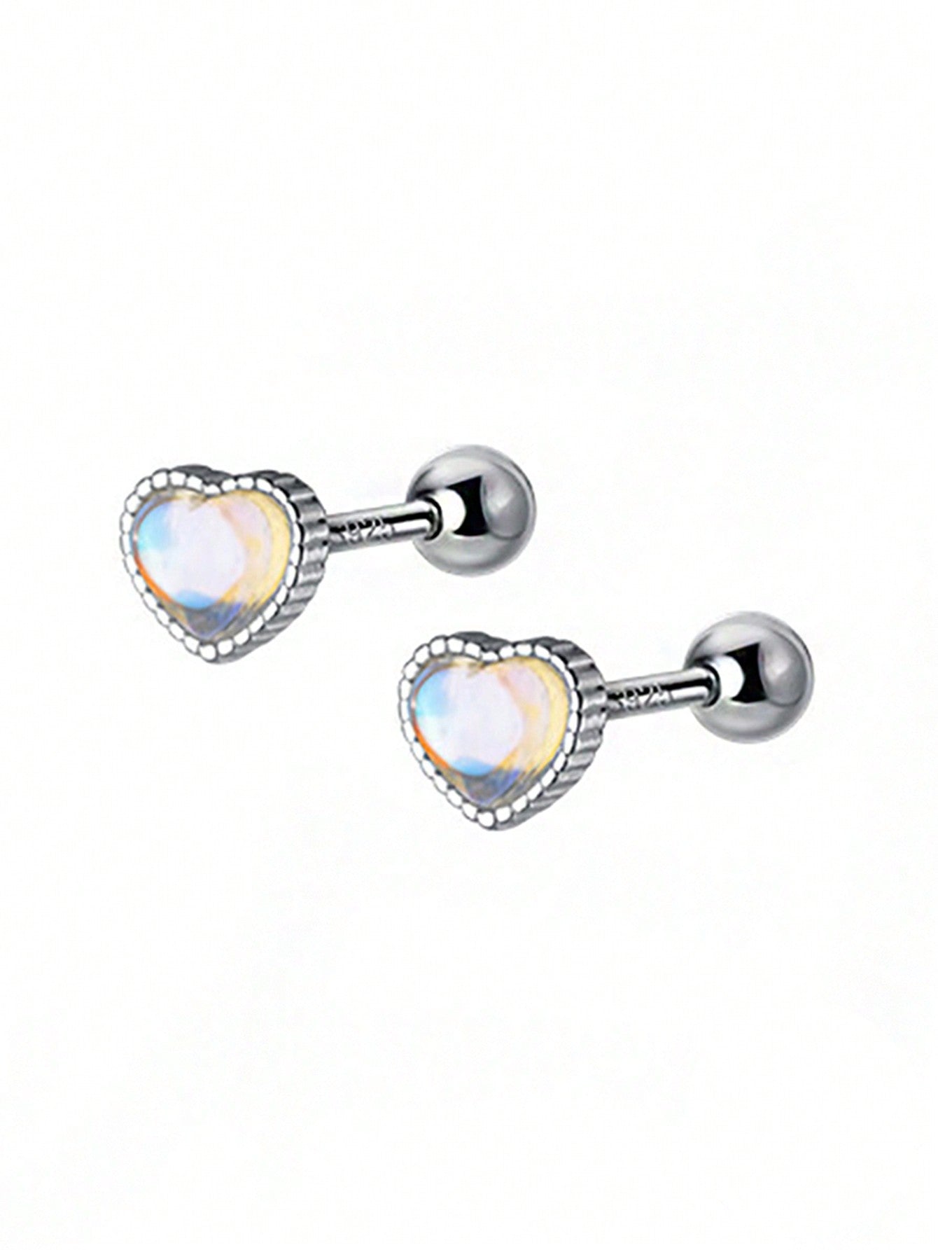 1pair Fashionable 925 Sterling Silver Heart Shaped Synthetic Moonstone Stud Earrings - Niche, Exquisite Design, Trendy And Versatile--1