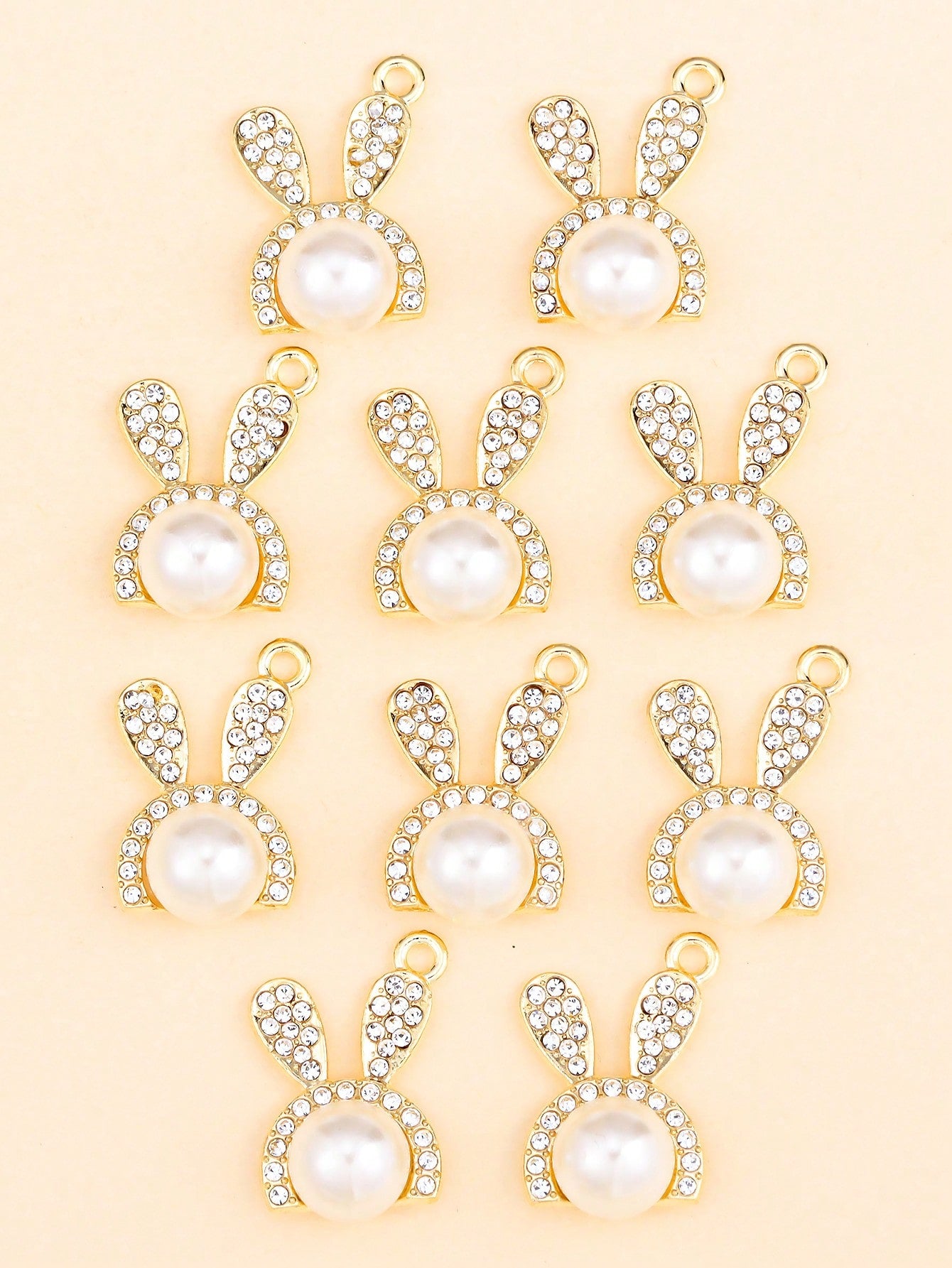 10pcs Gold-Colored Cute & Delicate Rabbit Shaped Zinc Alloy Pendant With Rhinestone & Pearl For Necklace, Earring, Key Chain Diy Accessories-Gold-1