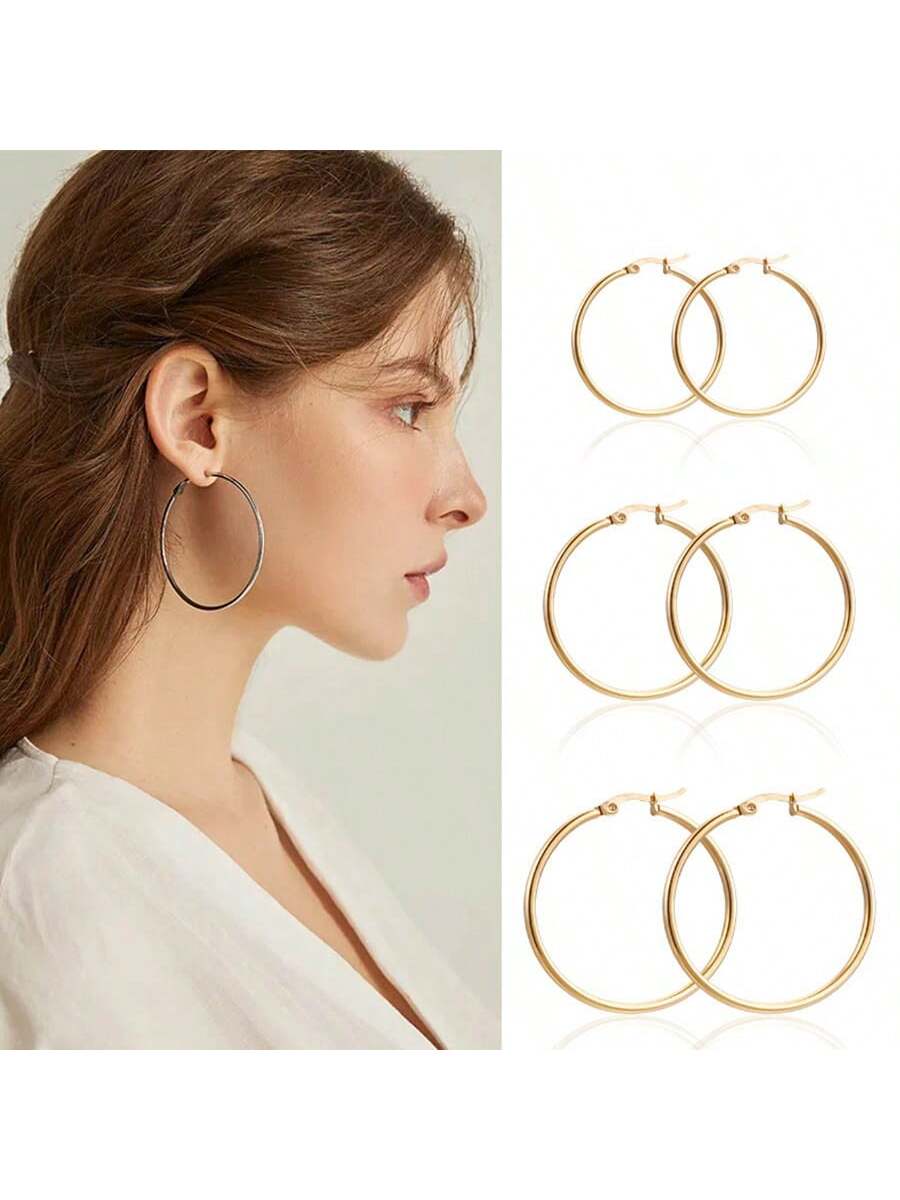 1pair French Style Simple Stainless Steel Large Hoop Earrings For Women-Gold-1