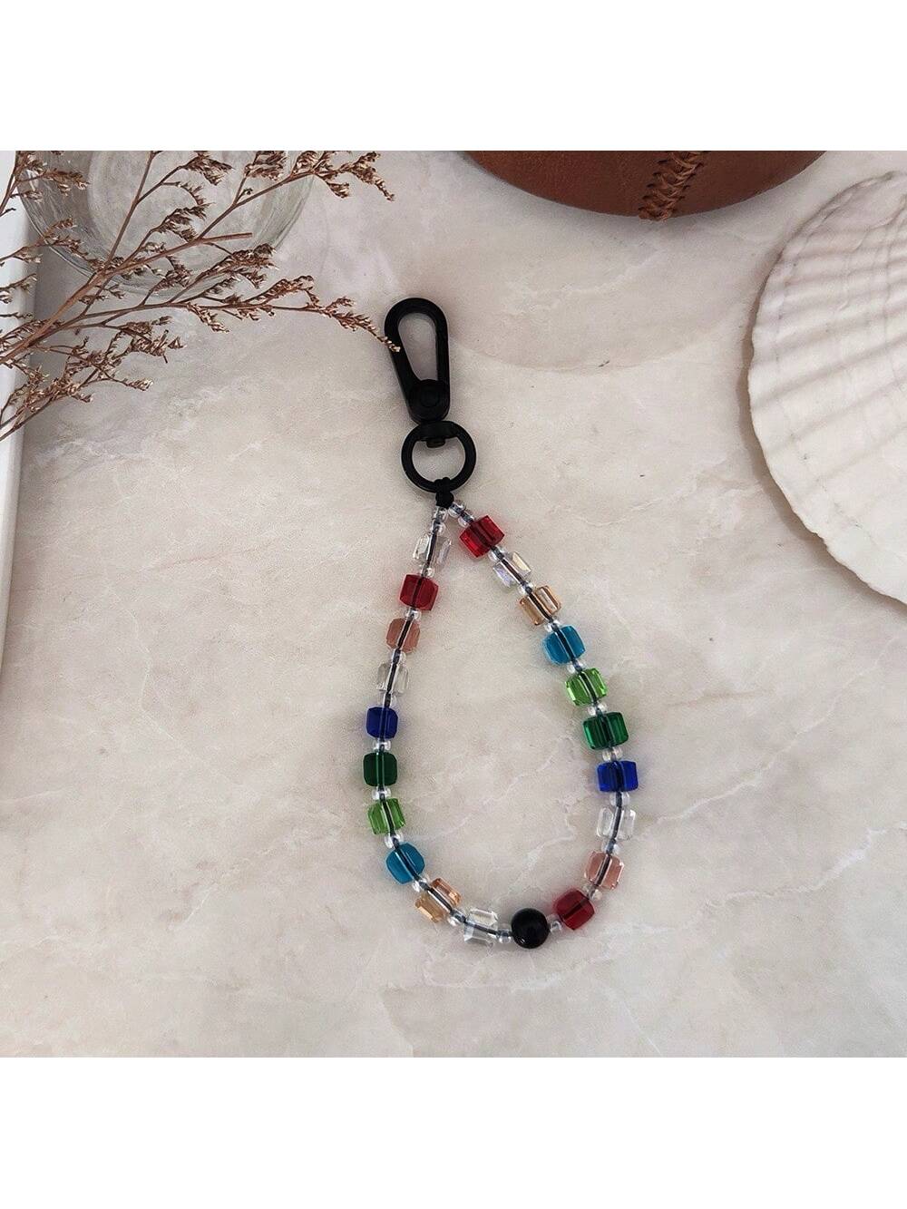 Korean Style Rainbow Bead & Crystal Bead Weaved Keychain For Girls, With Tram Or Car Pendant-Apricot-1