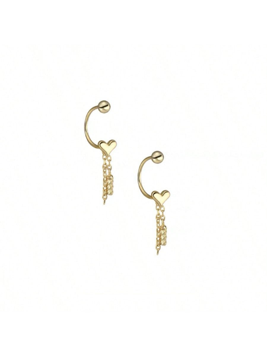 1 Pair S925 Silver Heart Shaped & Tassel Dangle Earrings With Screw Buckle, Unique Design, Ins Style-Gold-1