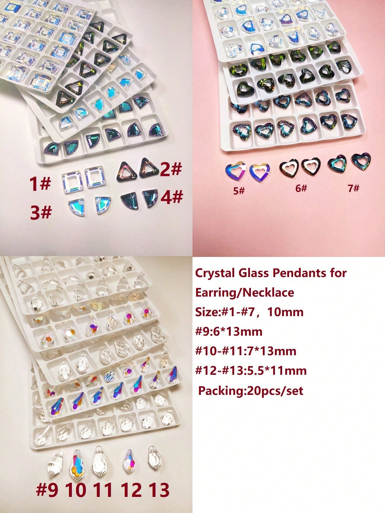 20pcs/Set Crystal Glass Pedants/Crystal Heart/Crystal Small Bear/Crystal TearDrop For DIY Earrings/Necklaces Jewelry Makings-Multicolor-1