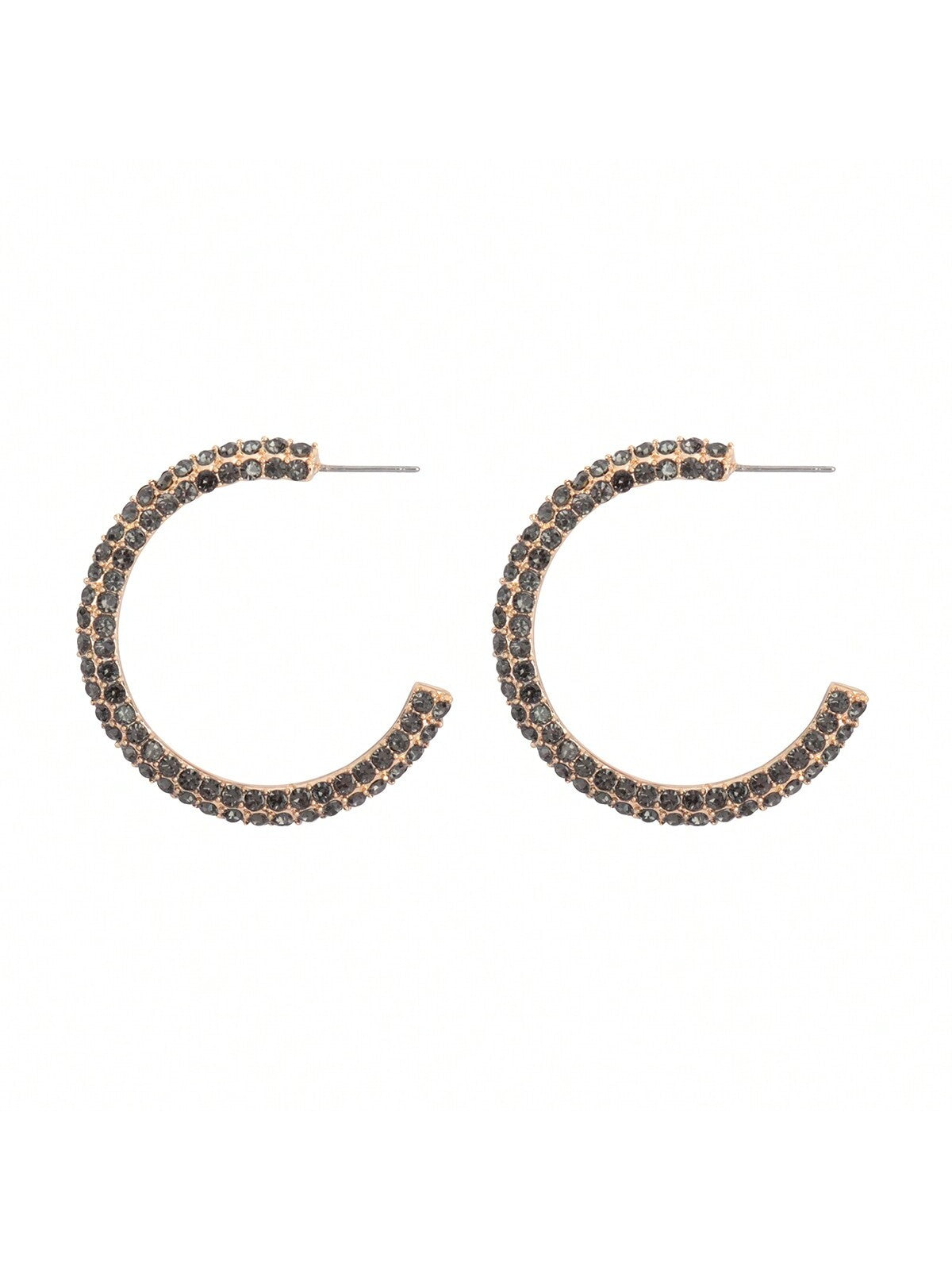 Pave Rhinestone Glitter C Shape Hoop Earrings-Black-1