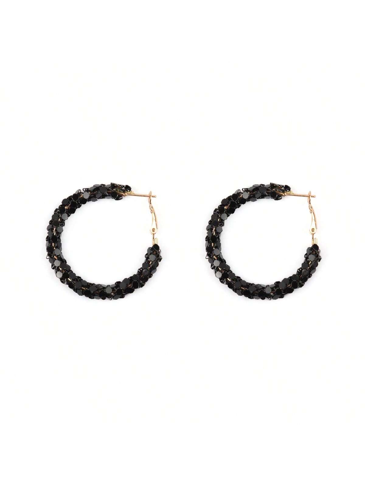 Wrap Pin Catch Hoop Earrings-Black-1