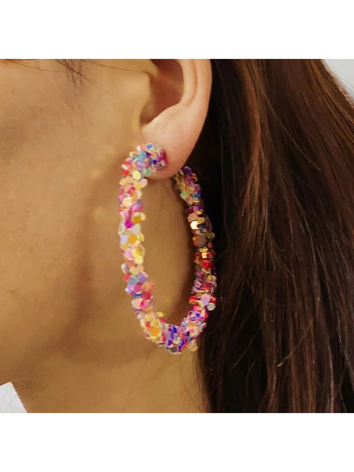 1pair Exaggerated Glitter Geometric Hoop Earrings For Women'S Daily Fashion & Style Accessory-Multicolor-1