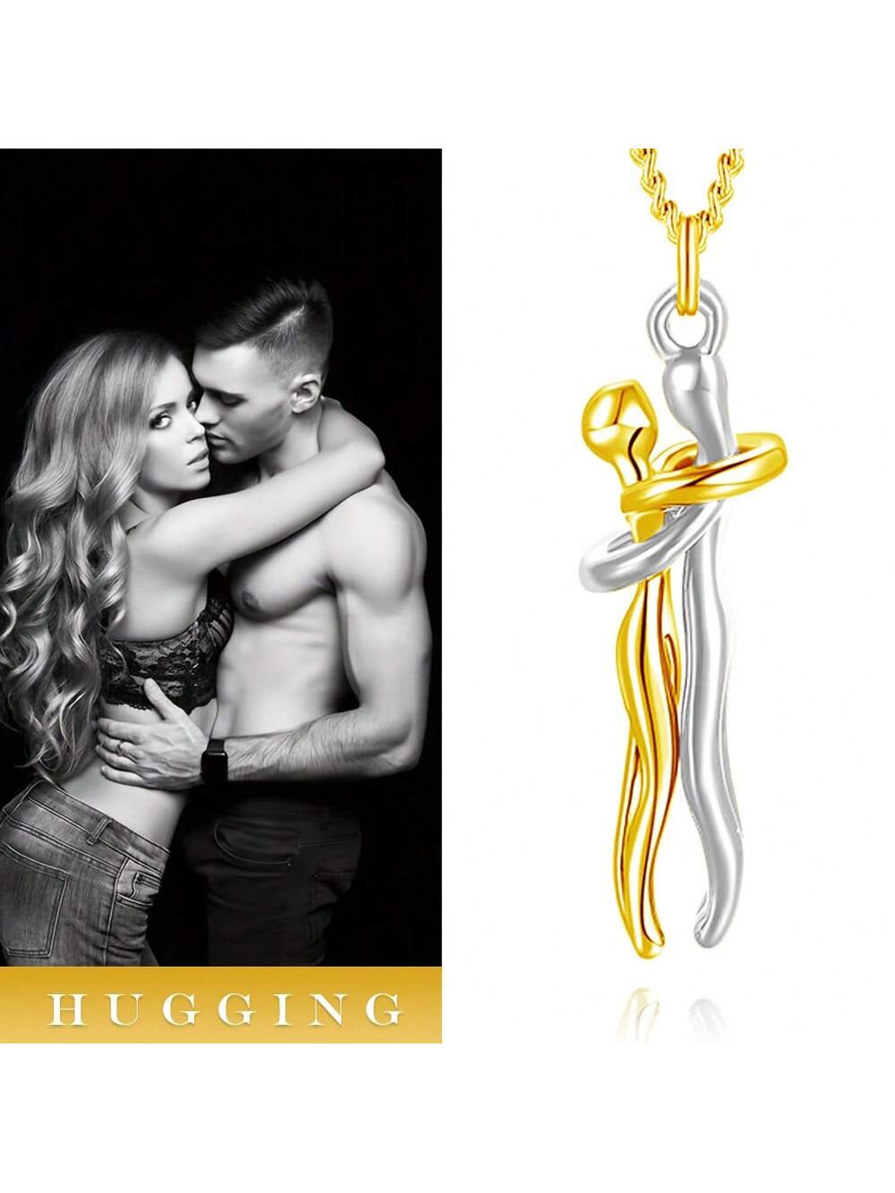 1pc Minimalist Metal Couple Hugging Pendant With Chain Suitable For Women, As Gift, Daily Wear-Gold-1