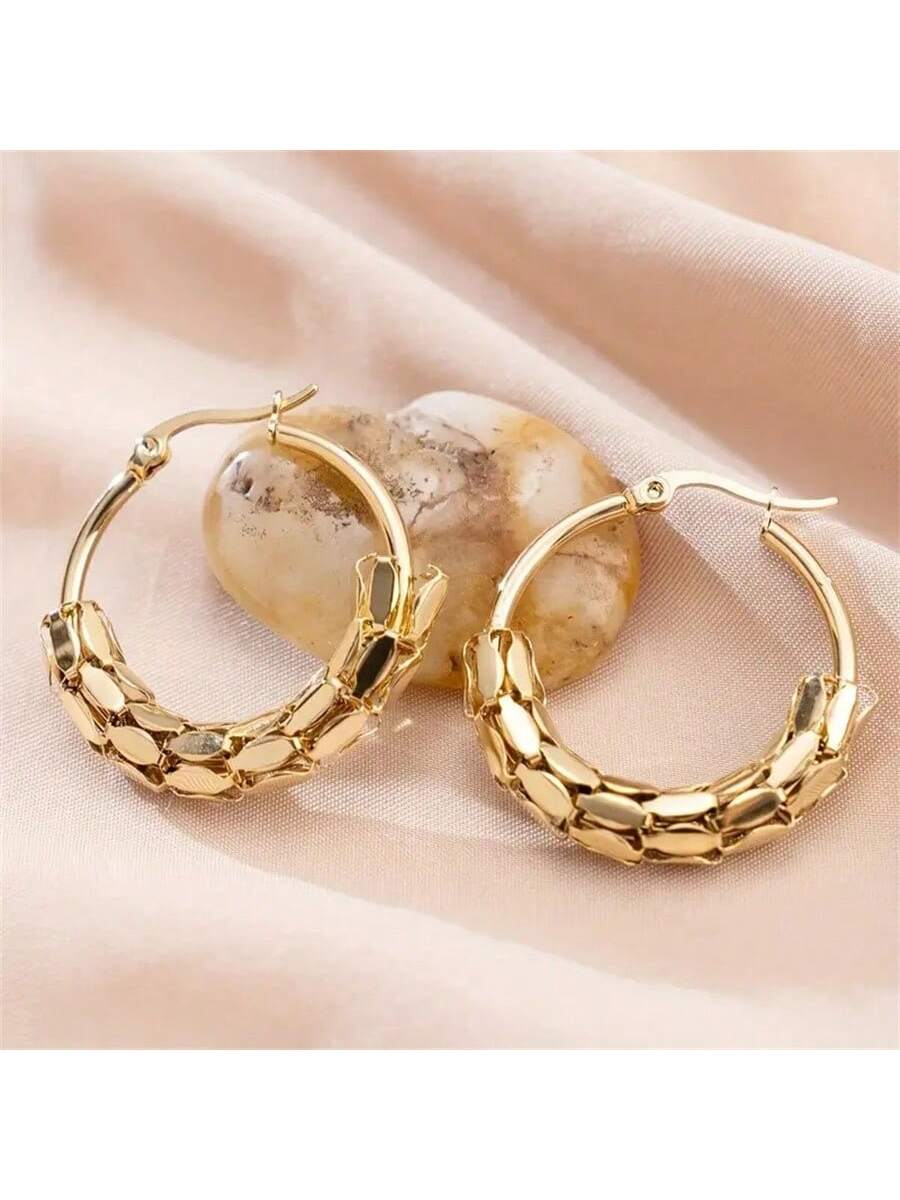 1pair Anti-Allergic Stainless Steel Hollow Out Gold Hoop Earrings, Elegant & Sensual Style, Creative Women'S Gift For Daily And Casual Wear--1