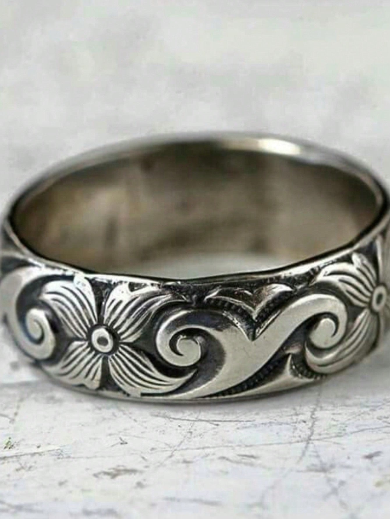 Vintage Wide Band Ring Carved Flower On The Surface Suitable For Men And Women Match Daily Outfits Just Pick A Appropriate Size-Silver-1