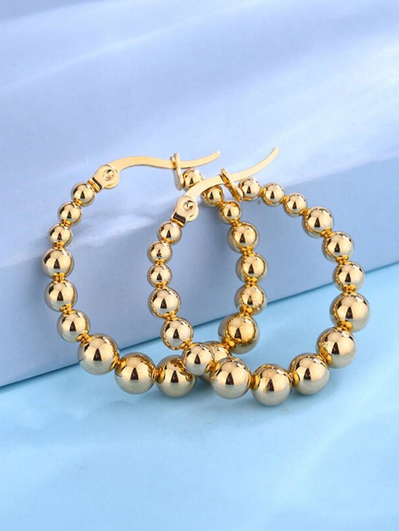 1pair 18k Stainless Steel Ball Bead Hoop Earrings-Gold-1