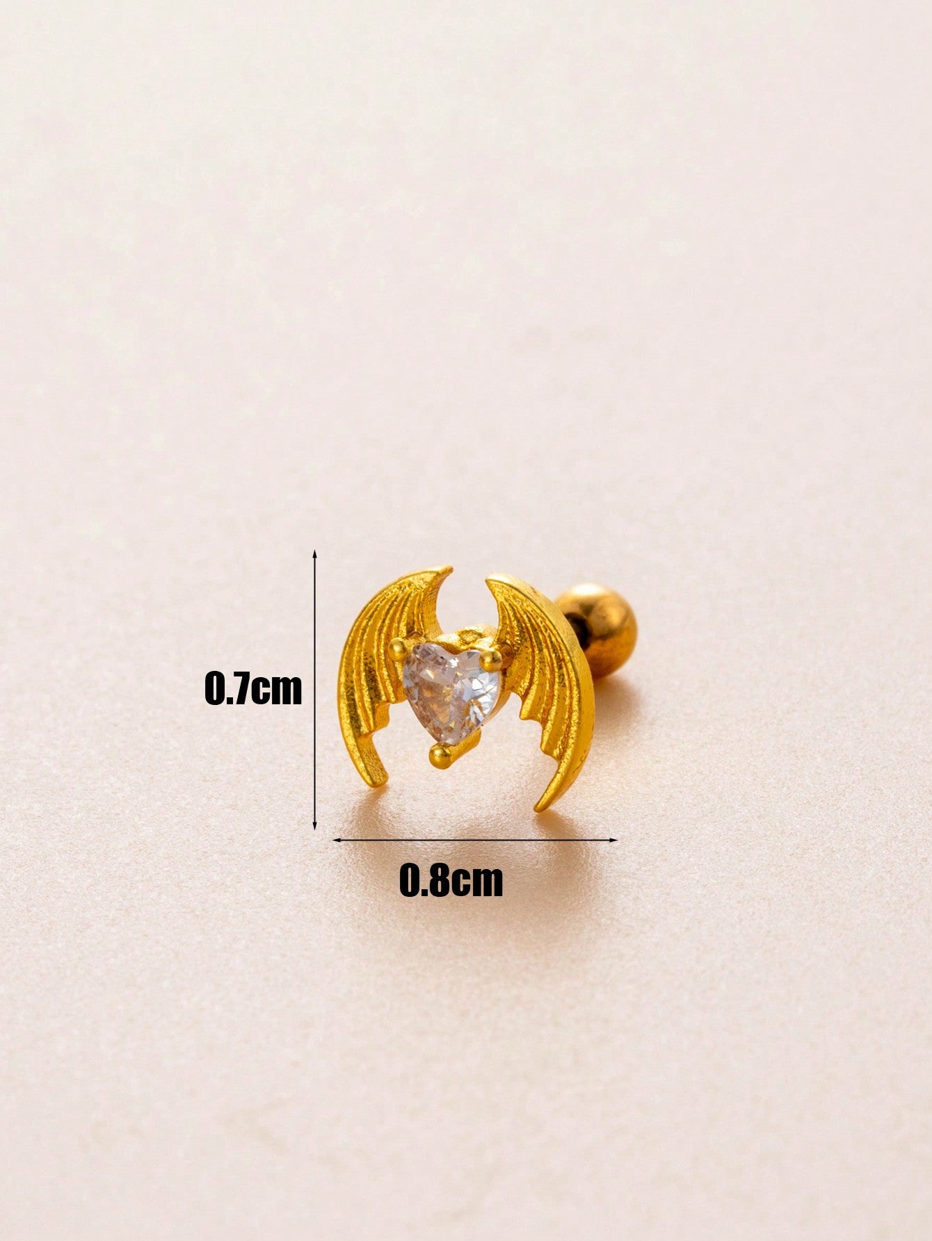 1pc Simple & Stylish Stainless Steel Micro Paved Rhinestone Bat Shaped Cartilage Piercing Stud-Yellow Gold-1