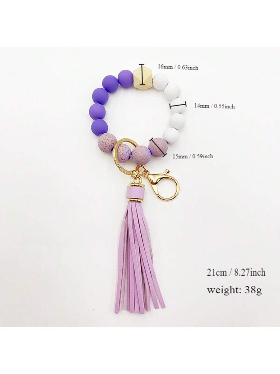 1string Creative Silicone Beaded Bracelet With Tassel & Wooden Beads For Wrist With Keychain For Bag Or Keyring-Multicolor-1