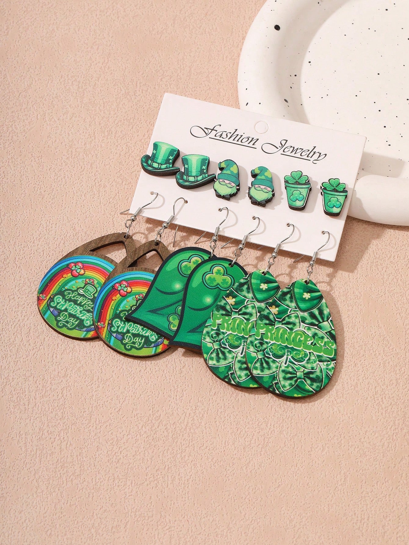 6pairs/Set Fashionable Wooden Shamrock, Rainbow, Mustache Decor Earrings Set, Perfect For Women To Wear On St. Patrick'S Day-Multicolor-1